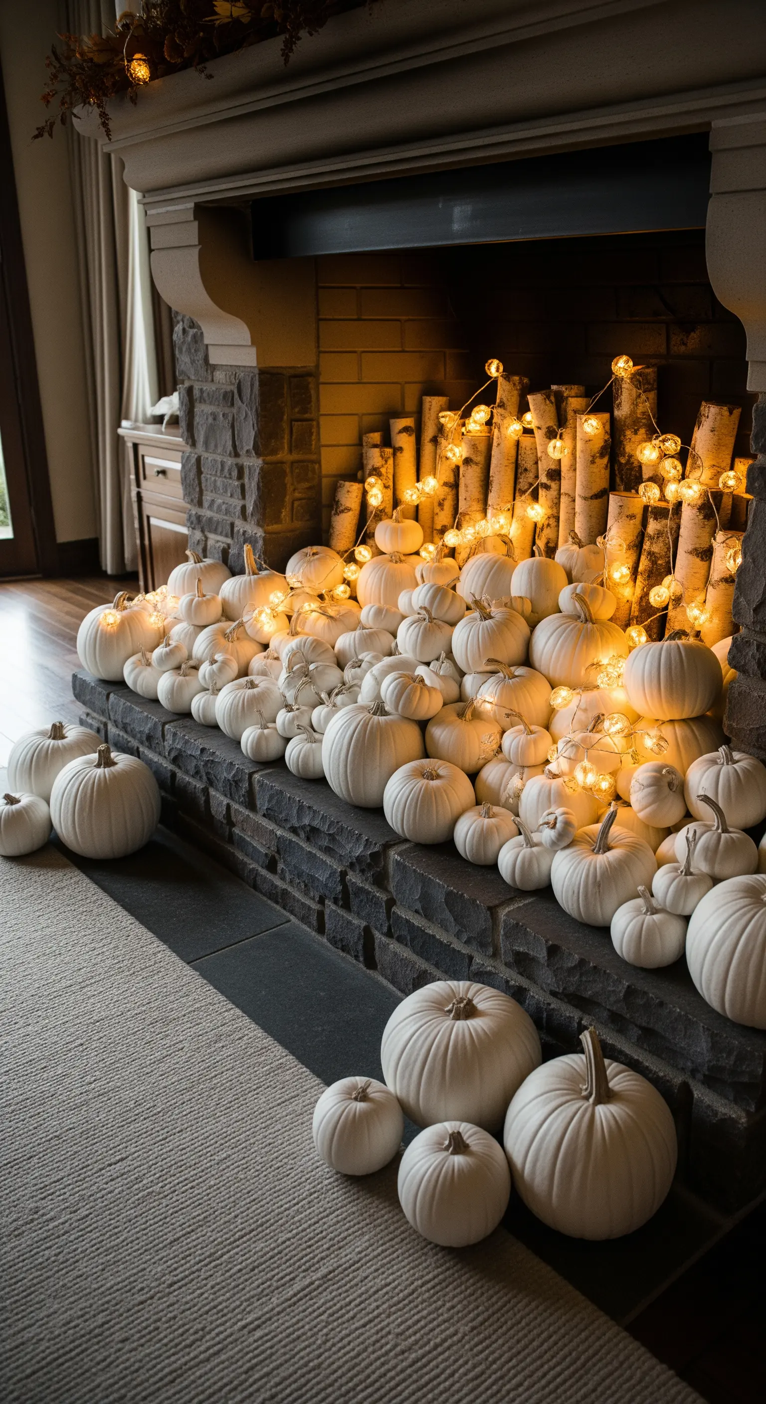 Kamin mit weißen Kürbissen und Lichterketten, umgeben von Birkenholz.
