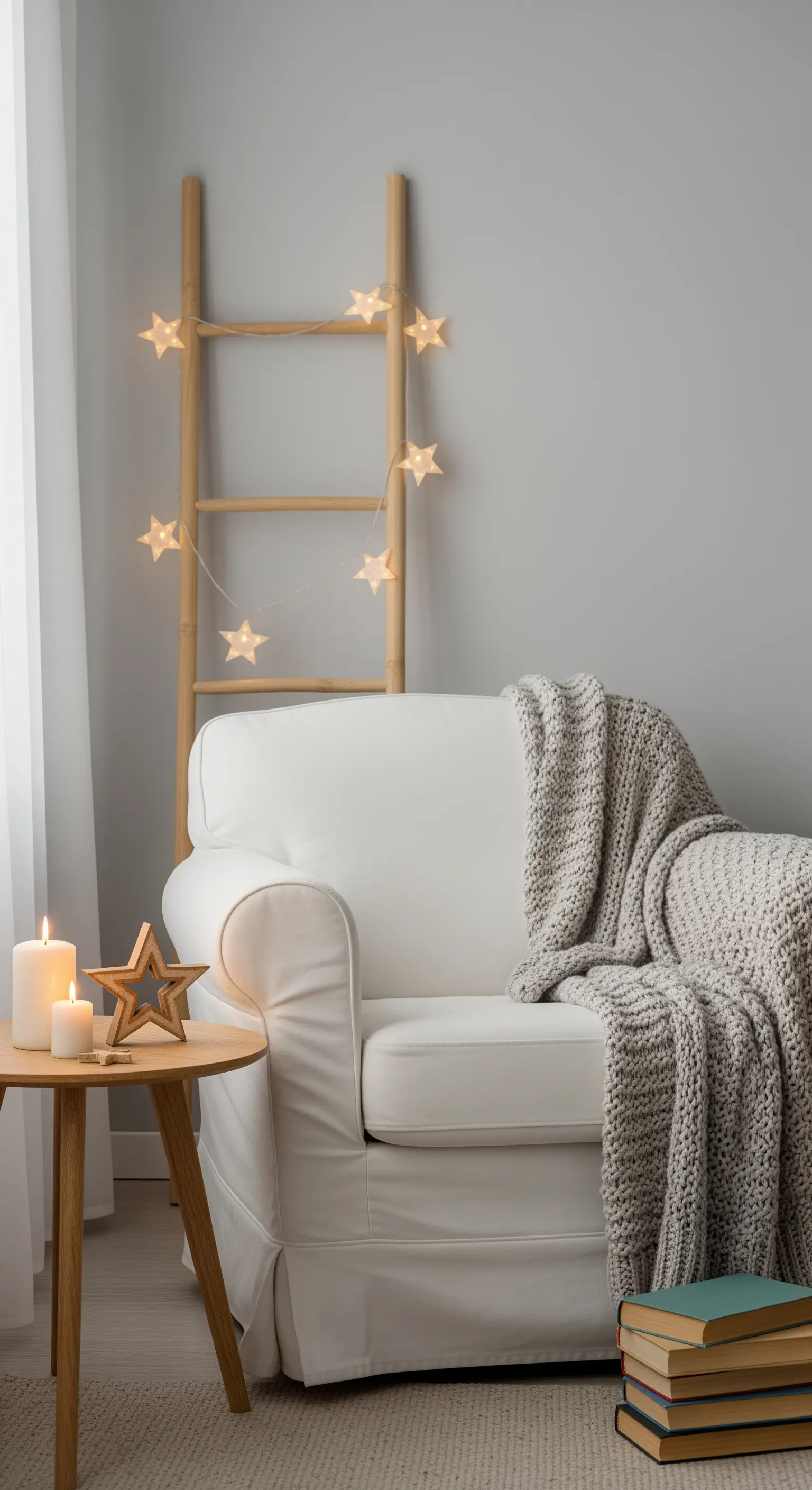 Gemütlicher Sessel mit Decke, Leiter mit Sternlichtern und Beistelltisch mit Kerzen