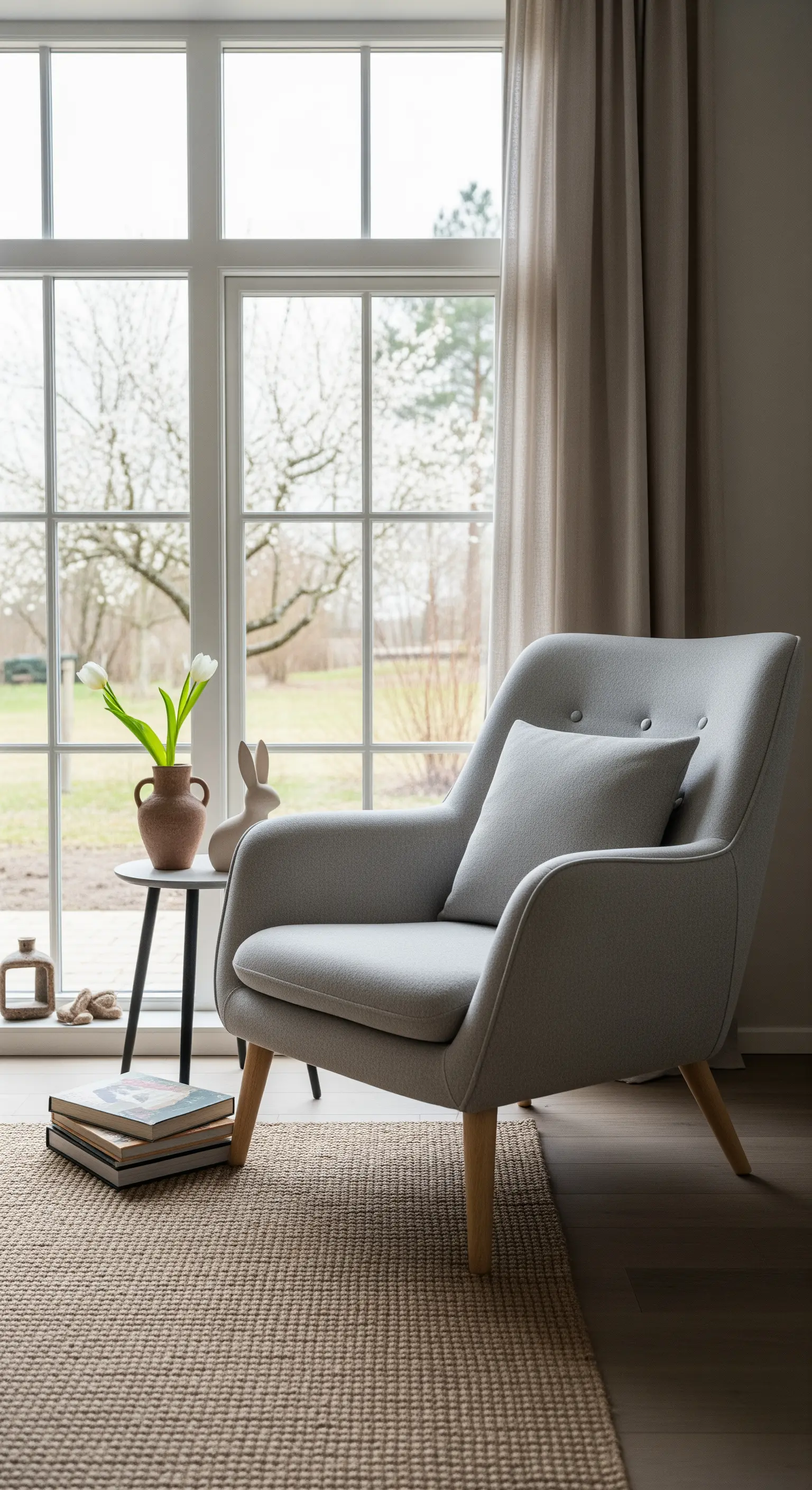 Gemütlicher Sessel, Beistelltisch mit Tulpe, Keramikhase und Bücherstapel
