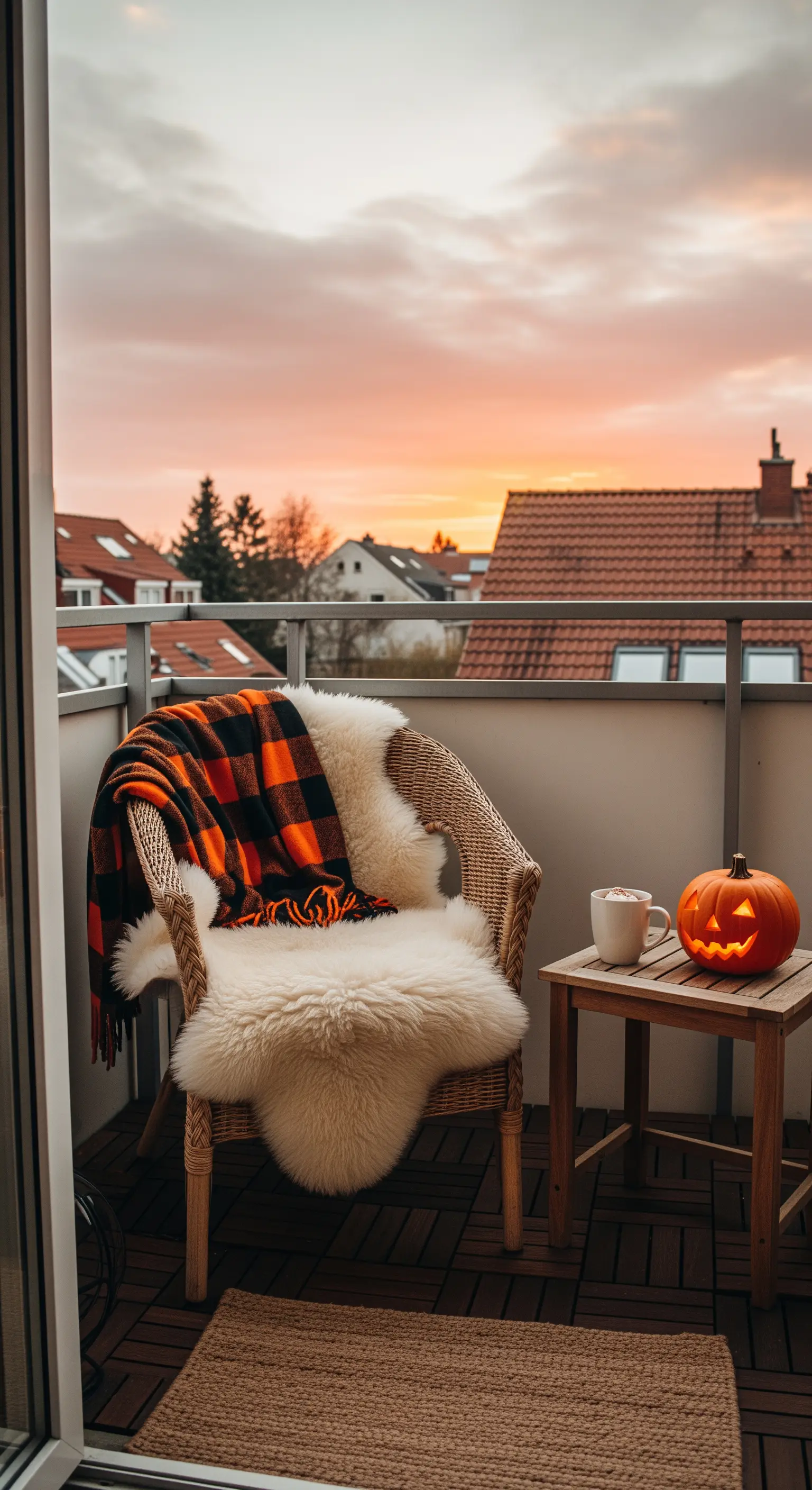 Korbsessel mit Fell und Decke, Beistelltisch mit Kürbis und Heißgetränk
