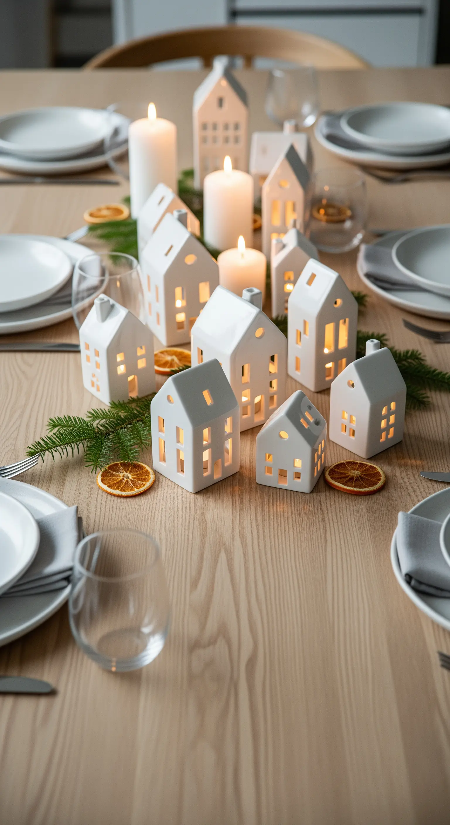 Holztisch mit weißem Keramik-Winterdorf, Tannengrün und getrockneten Orangenscheiben