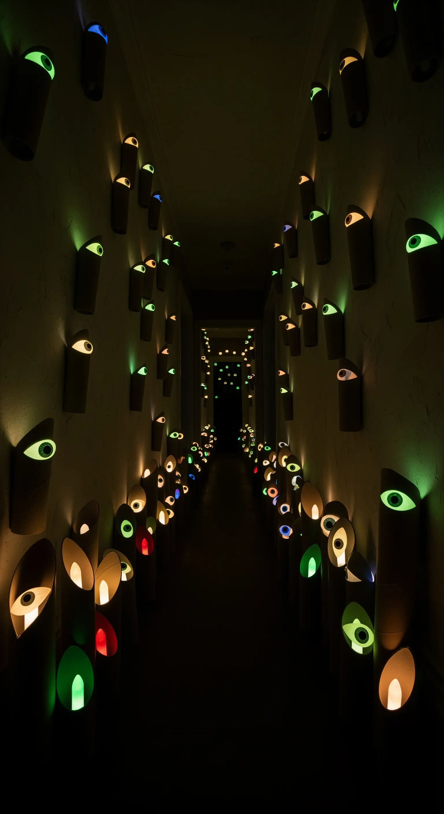 Flur Deko mit leuchtenden Augen in Bambusrohren, gruselige Lichtinstallation.