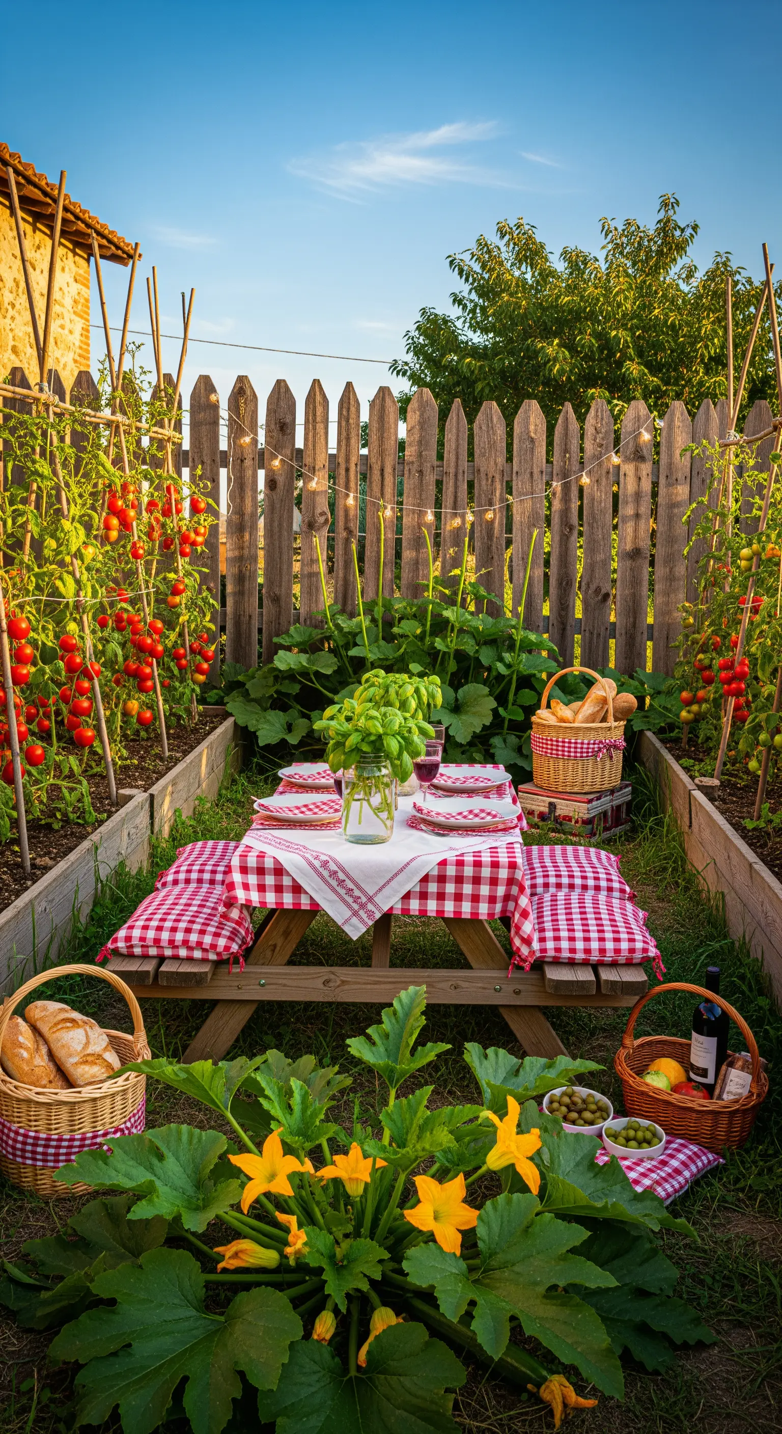 Picknick im Gemüsegarten mit rot-weißer Decke, Basilikum und Lichterkette