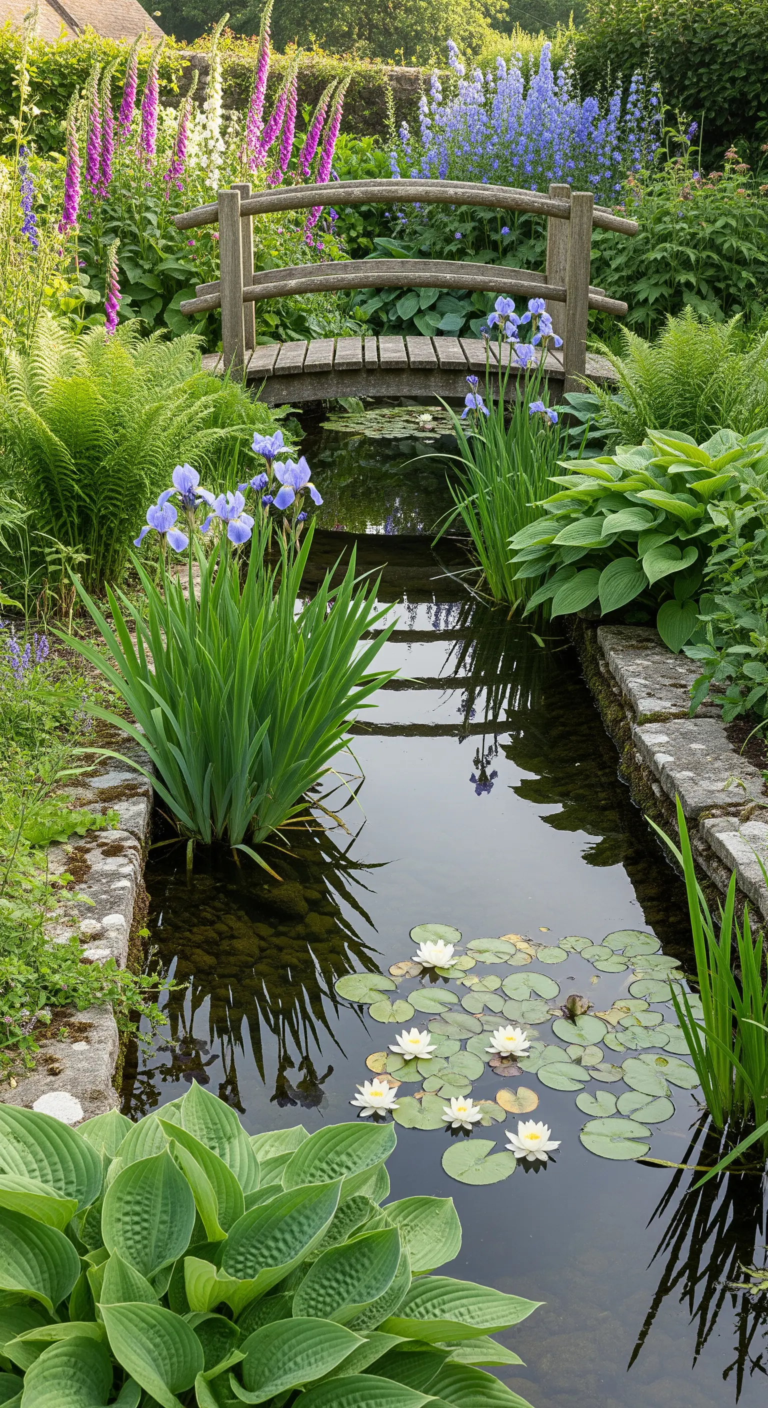 Bachlauf mit Holzbrücke, Seerosen und üppiger Uferbepflanzung im englischen Garten