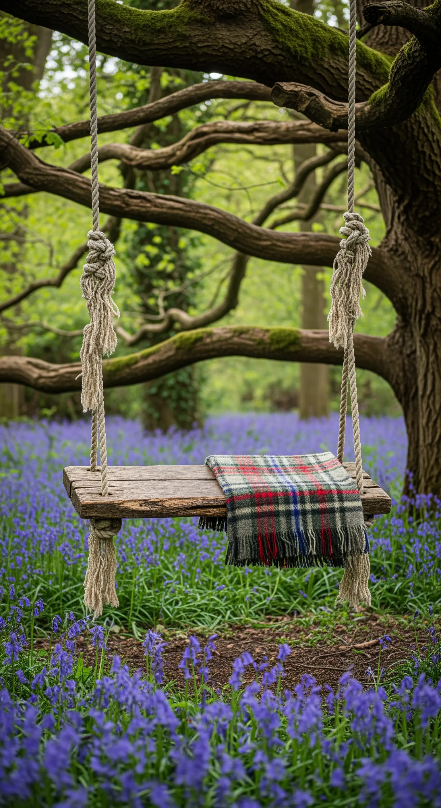 Rustikale Holzschaukel mit Plaid-Decke hängt von einem Baum über blauen Blumen