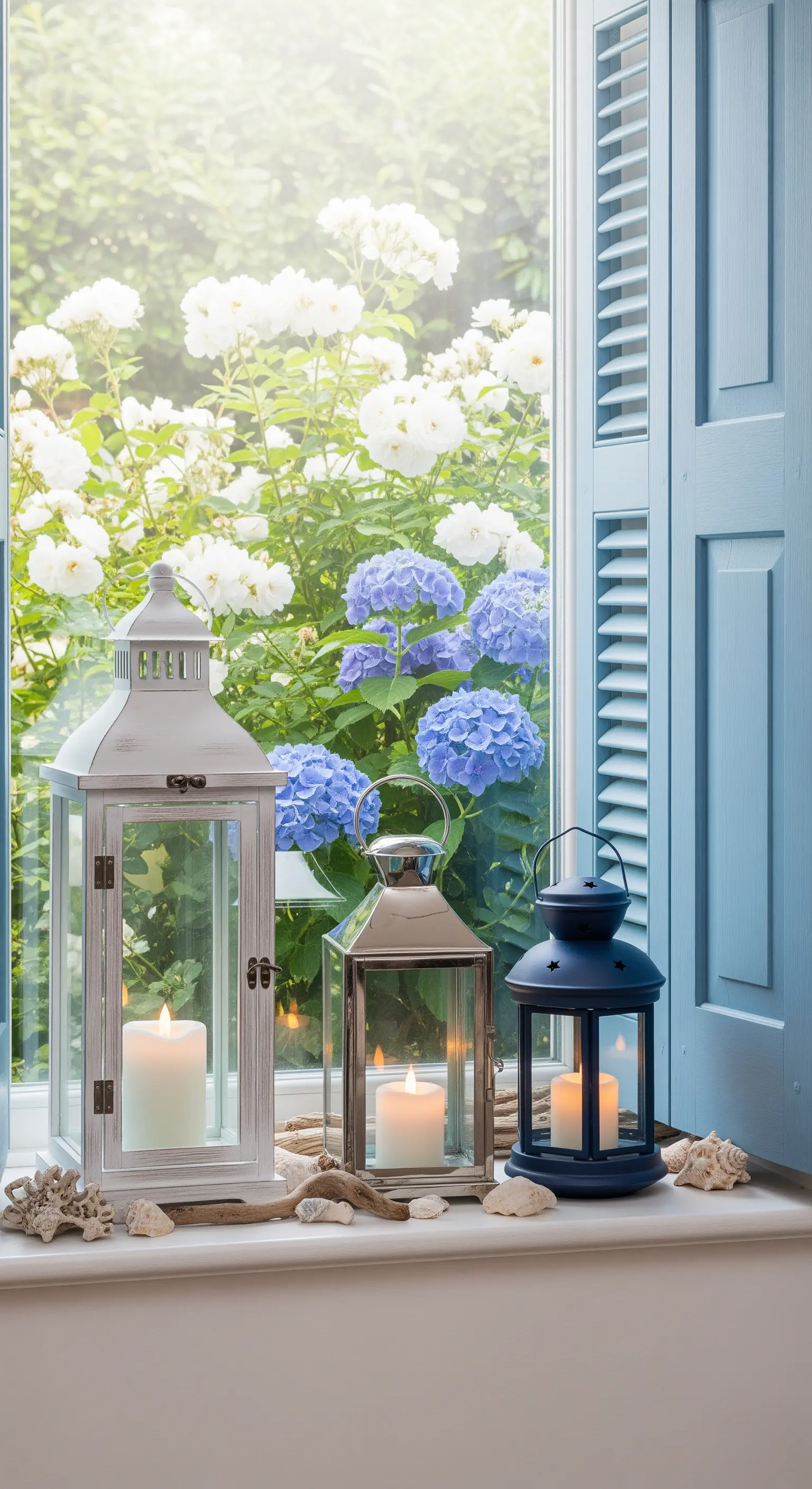 Fensterbank mit blauen Fensterläden, Laternen, Treibholz und Hortensien