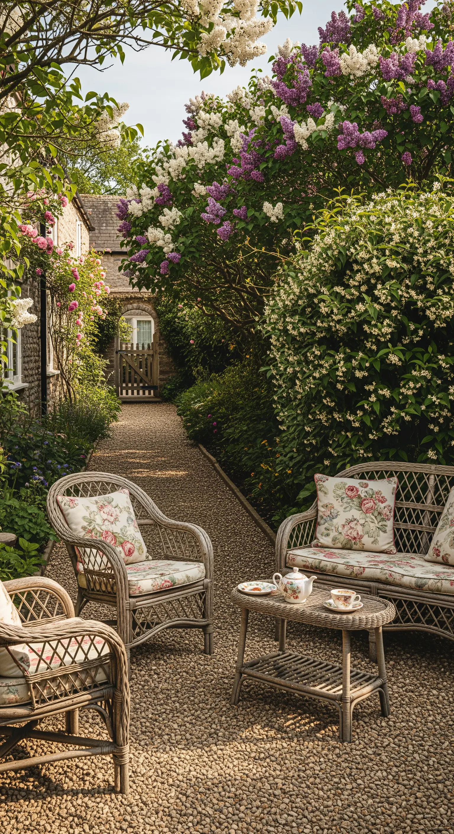 Kiesfläche mit Weidenmöbeln, Blumenkissen, Flieder und Jasmin