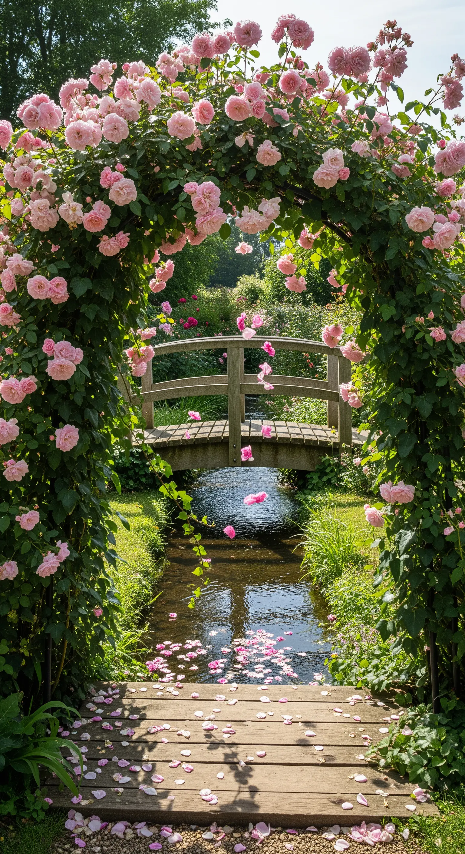 Üppiger Rosenbogen mit rosa Kletterrosen über einem kleinen Bachlauf mit Holzbrücke und fallenden Blütenblättern.