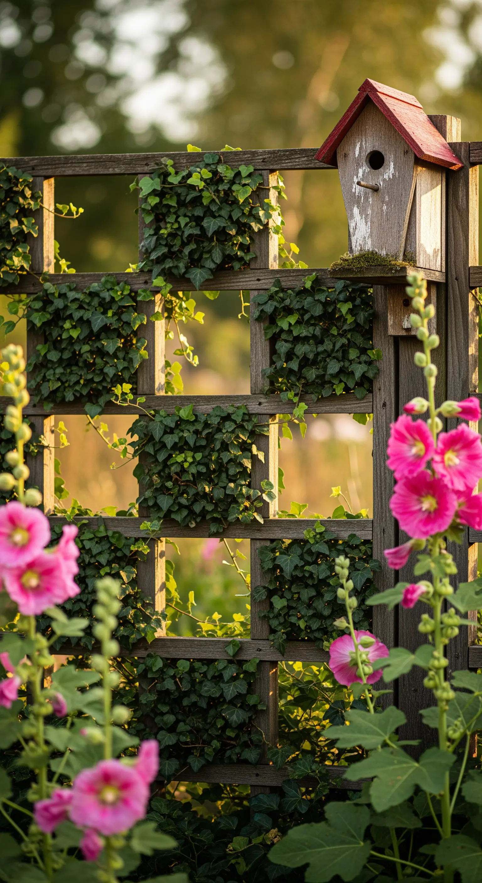 Holzspalier mit Efeufeldern, Nistkasten und pinken Stockrosen