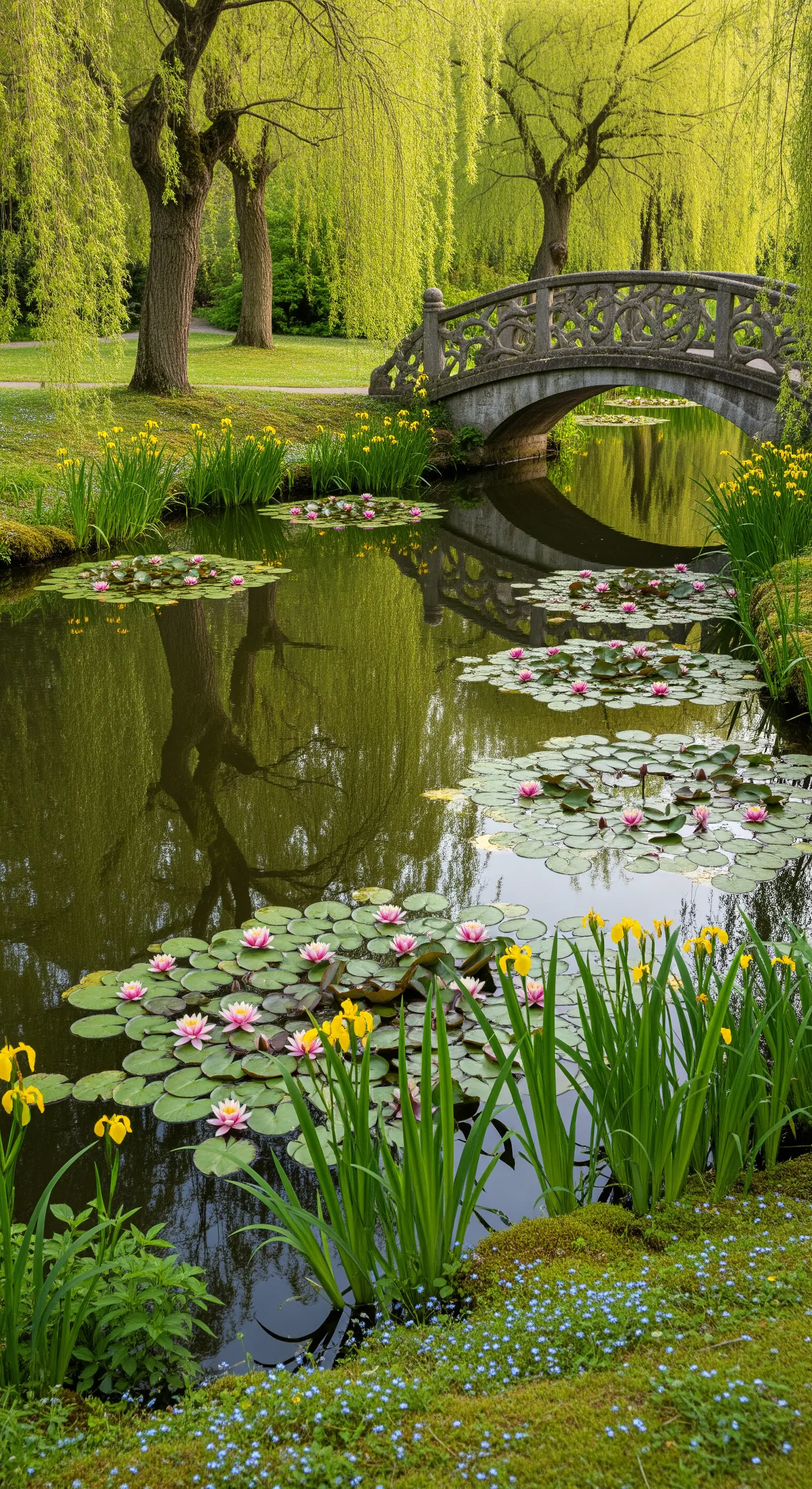 Idyllischer Teich mit Seerosen, gelben Iris und einer Steinbrücke