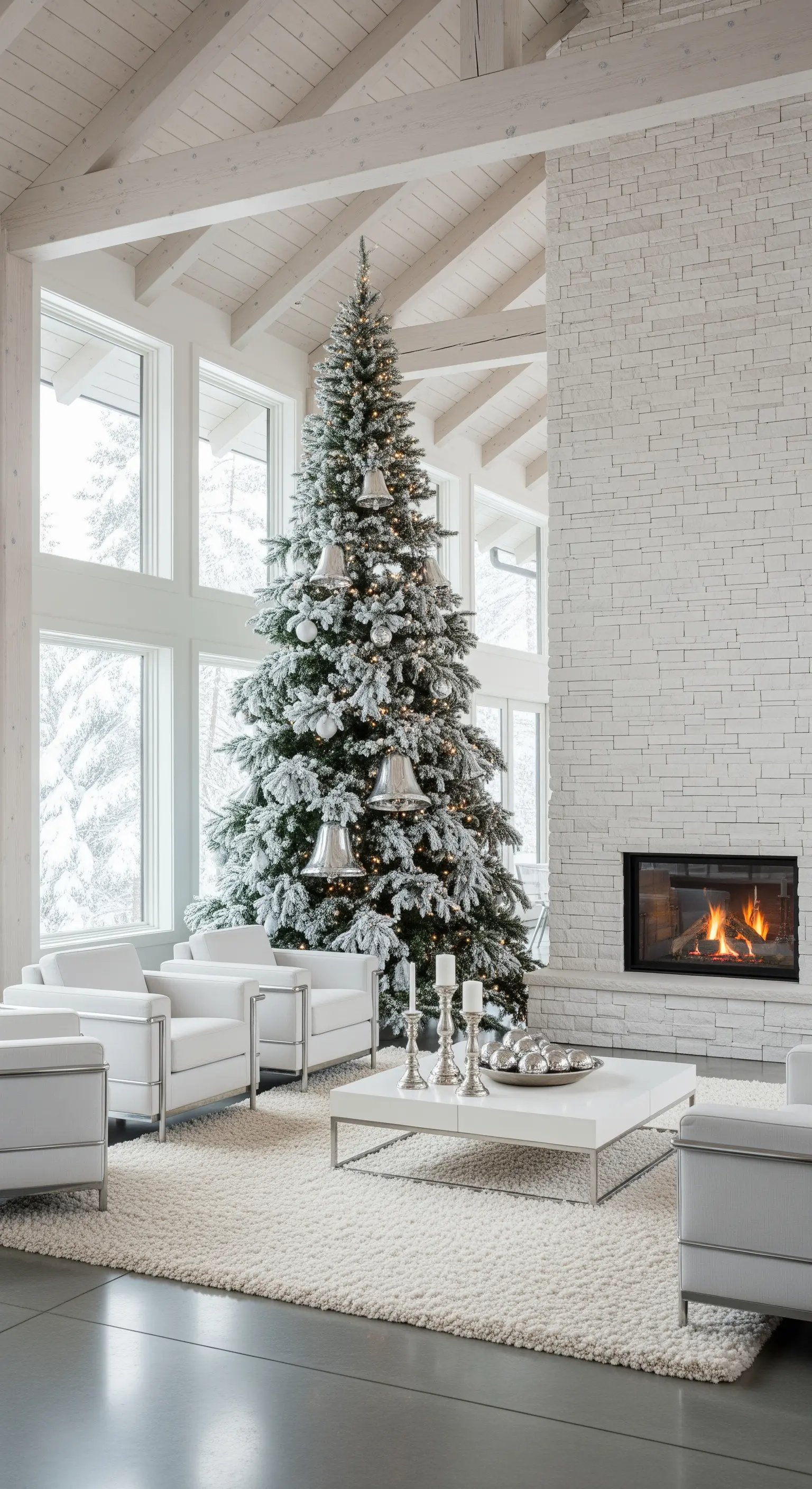 Hoher, geflockter Weihnachtsbaum mit silbernen Kugeln und Glocken in weißem Wohnzimmer.