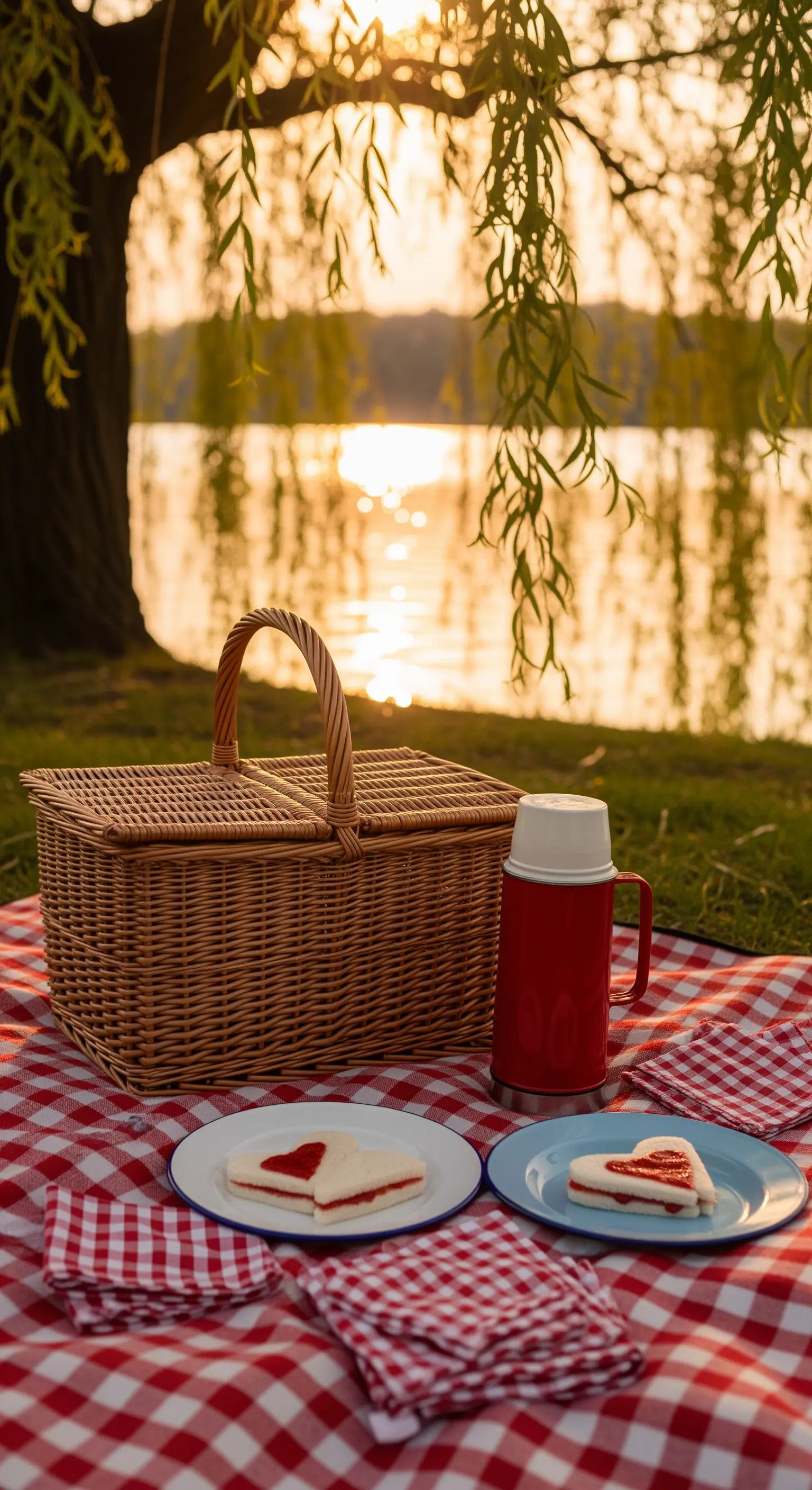 Picknick am See, rot-weiß kariert, Weidenkorb, Herz-Gebäck, Sonnenuntergang