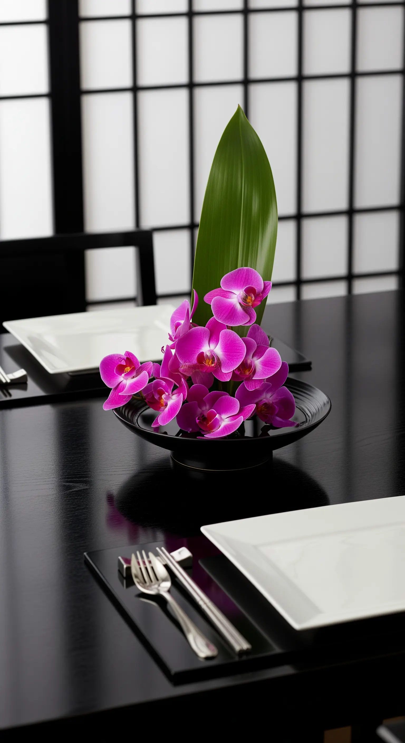 Minimalistisches Ikebana-Arrangement mit pinken Orchideen auf einem schwarzen Teller
