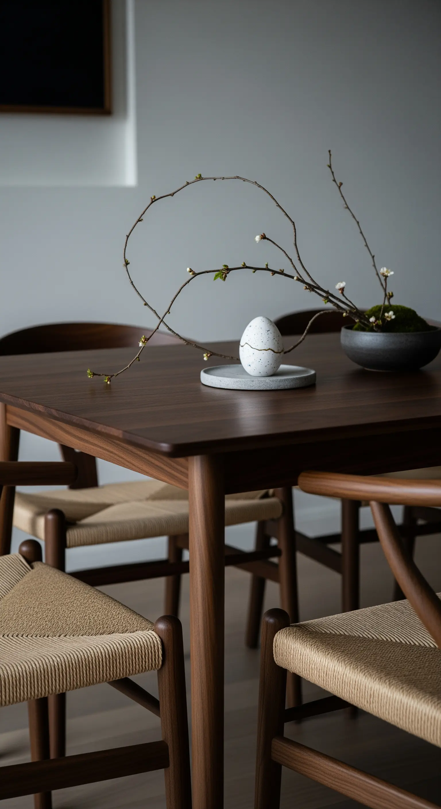 Ein einzelnes Osterei auf einem Betonsockel neben einem kunstvoll arrangierten Zweig