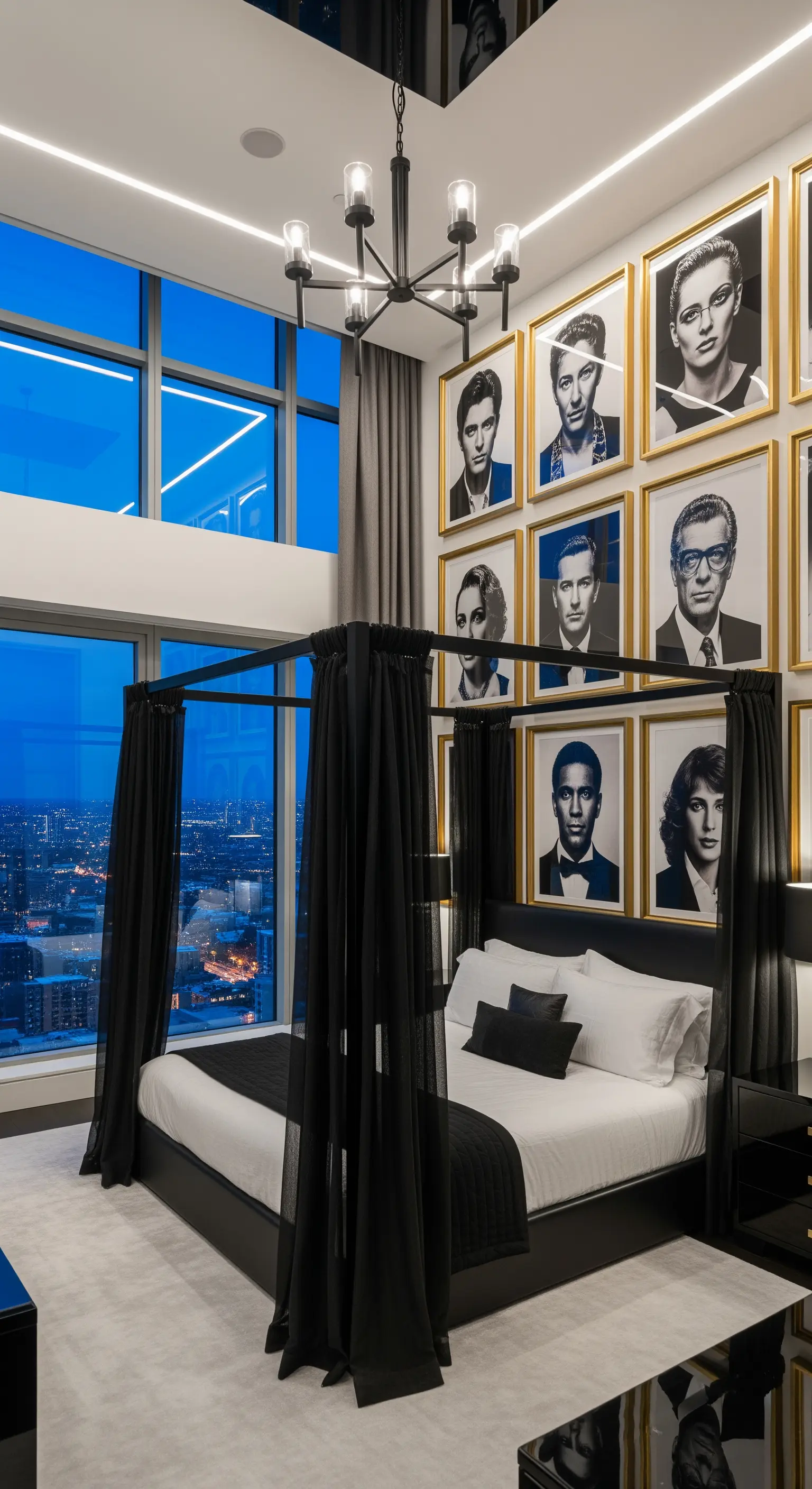 Modernes Schlafzimmer mit Panoramafenster und einer Wand voller Schwarz-Weiß-Porträts.