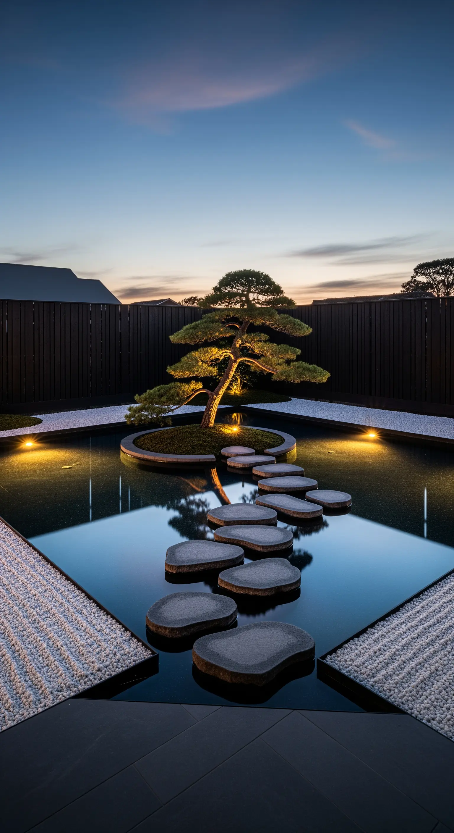 Beleuchteter Teich, Schrittsteine, Bonsai, Abendstimmung