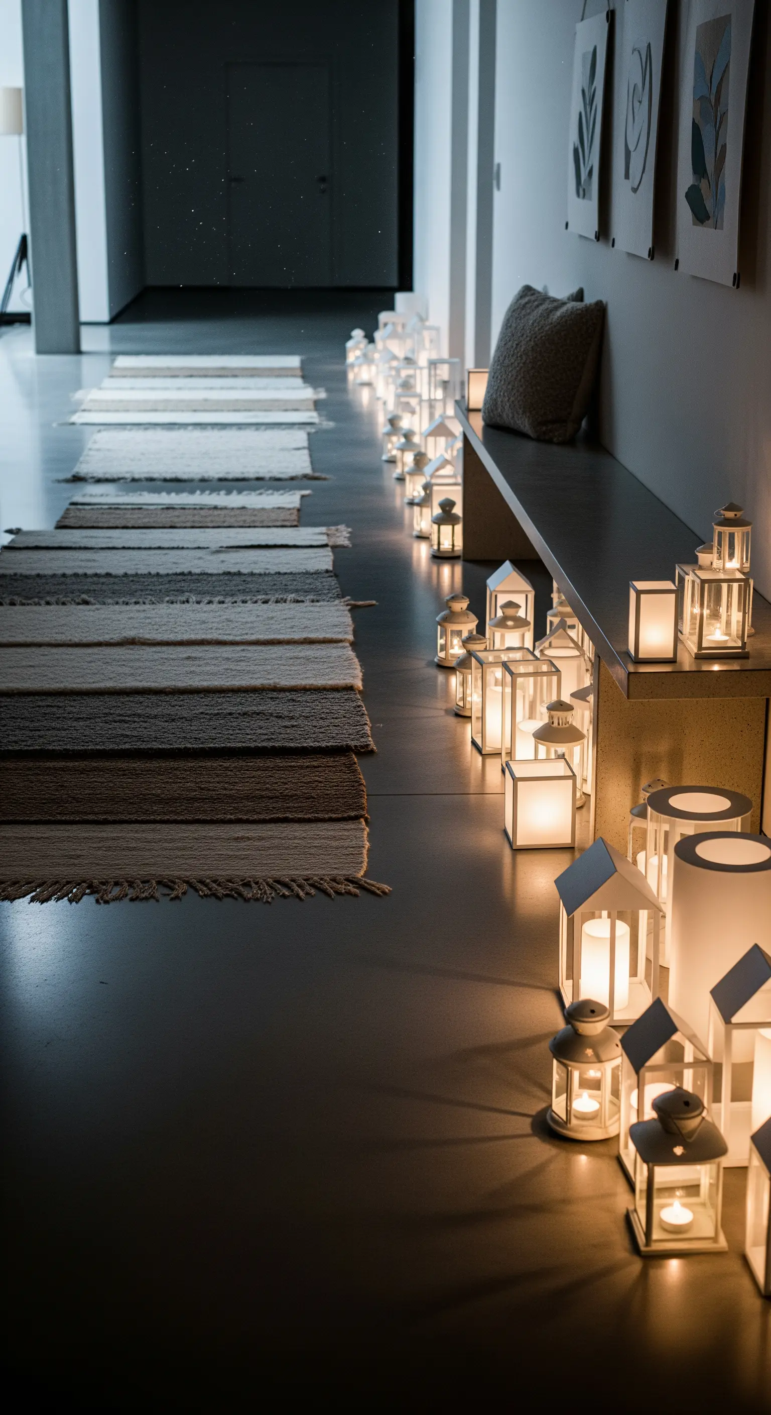Langer Flur mit Teppichläufern, Sitzbank und Reihen von weißen Laternen