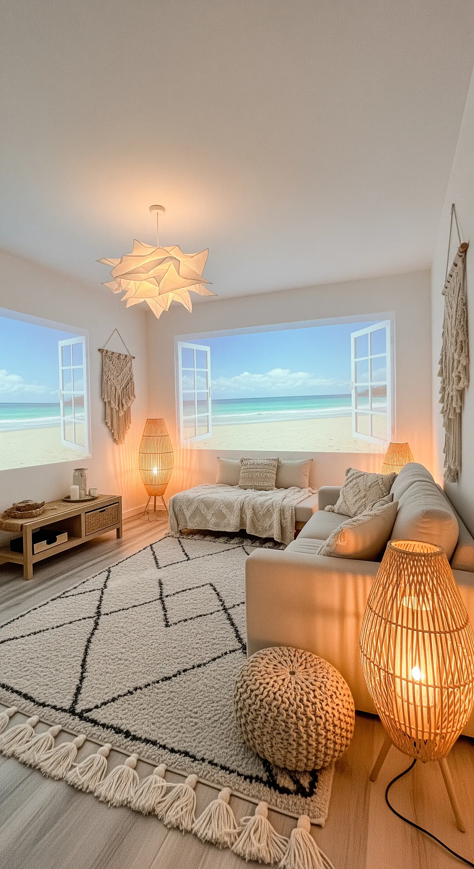 Wohnzimmer, in dem Projektoren helle Fenster mit Strandblick an die leeren Wände werfen.