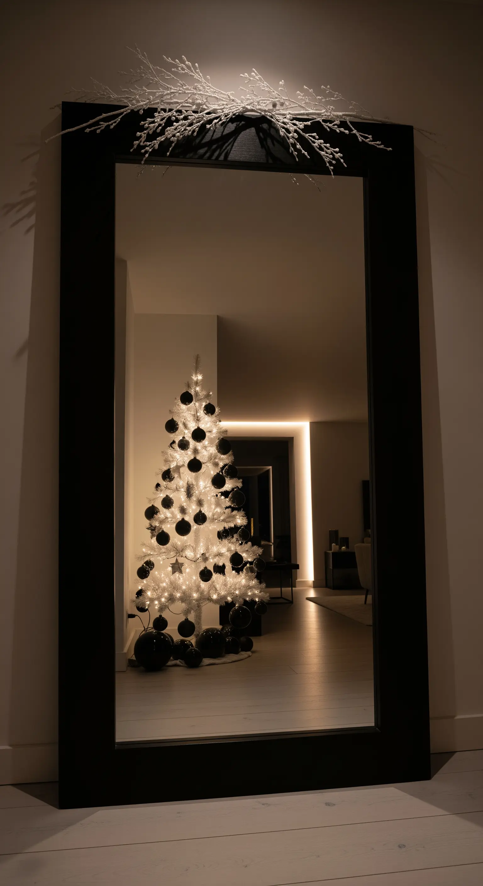 Großes schwarzes Spiegel reflecting white Christmas tree with black ornaments.