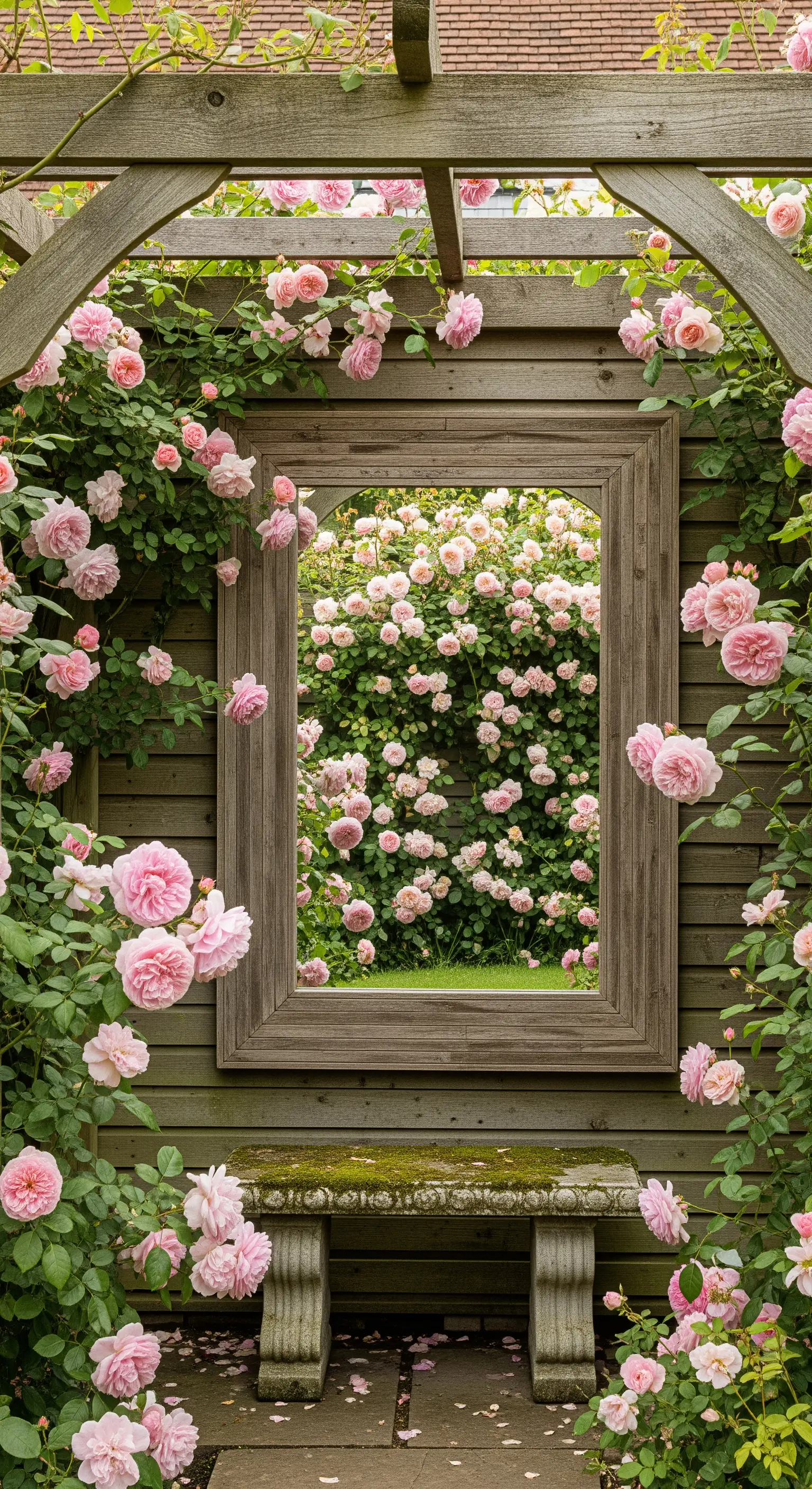 Holzpergola mit rosa Kletterrosen, die einen großen Holzspiegel an einer Holzwand umrahmen