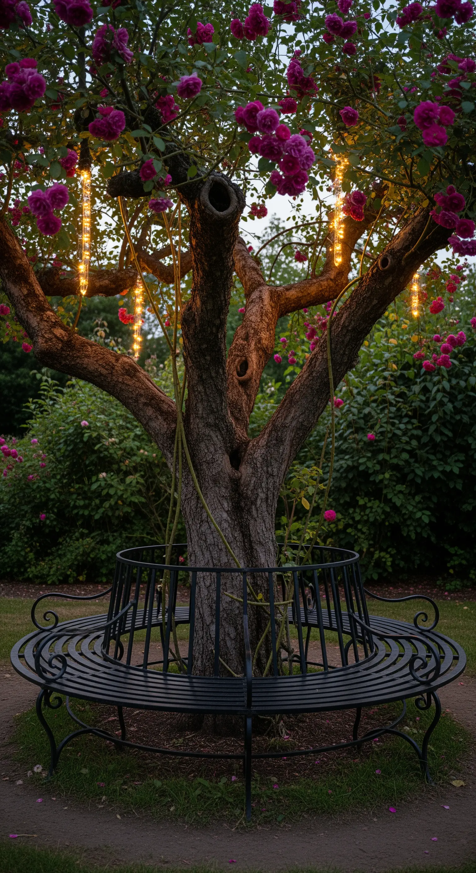 Schwarze, runde Metallbank um einen Baumstamm, mit warm leuchtenden Hängelampen in den Ästen.