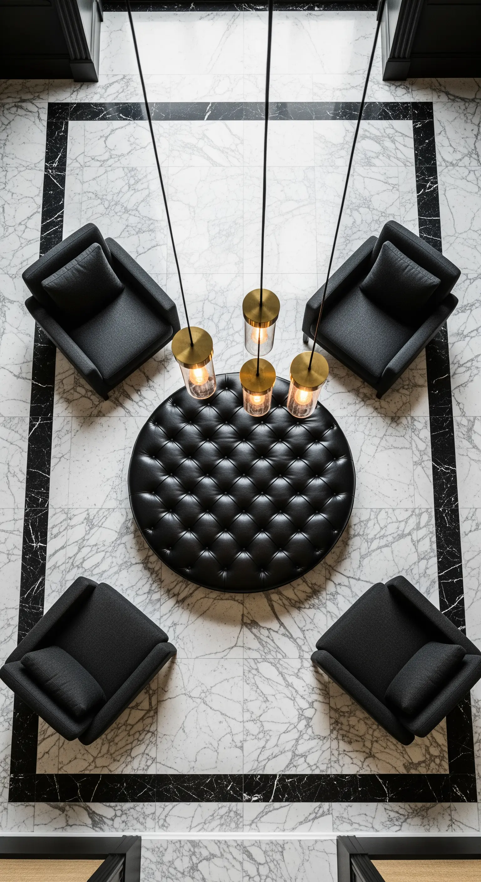 Symmetrische Sitzgruppe auf einem grafischen Marmorboden aus der Vogelperspektive.