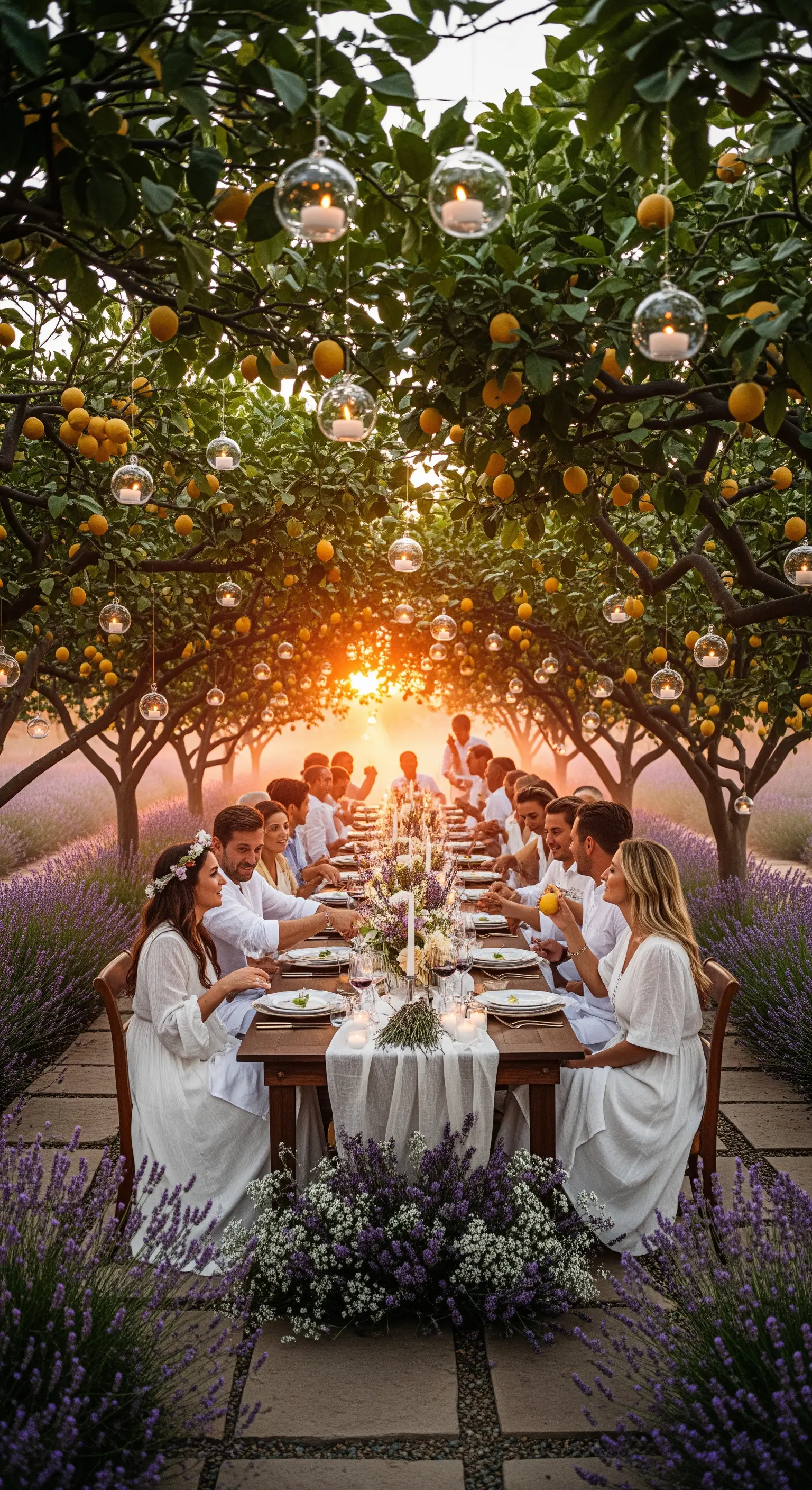 Lange Tafel unter Zitronenbäumen mit hängenden Lichtern, Lavendel und Gästen