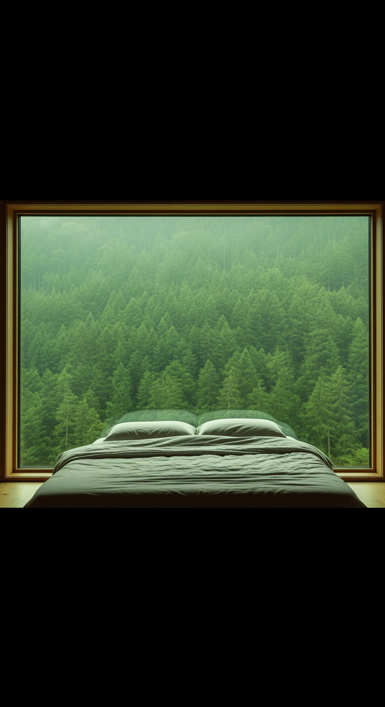 Bett vor einem riesigen Fenster mit direktem Blick auf einen dichten Wald.