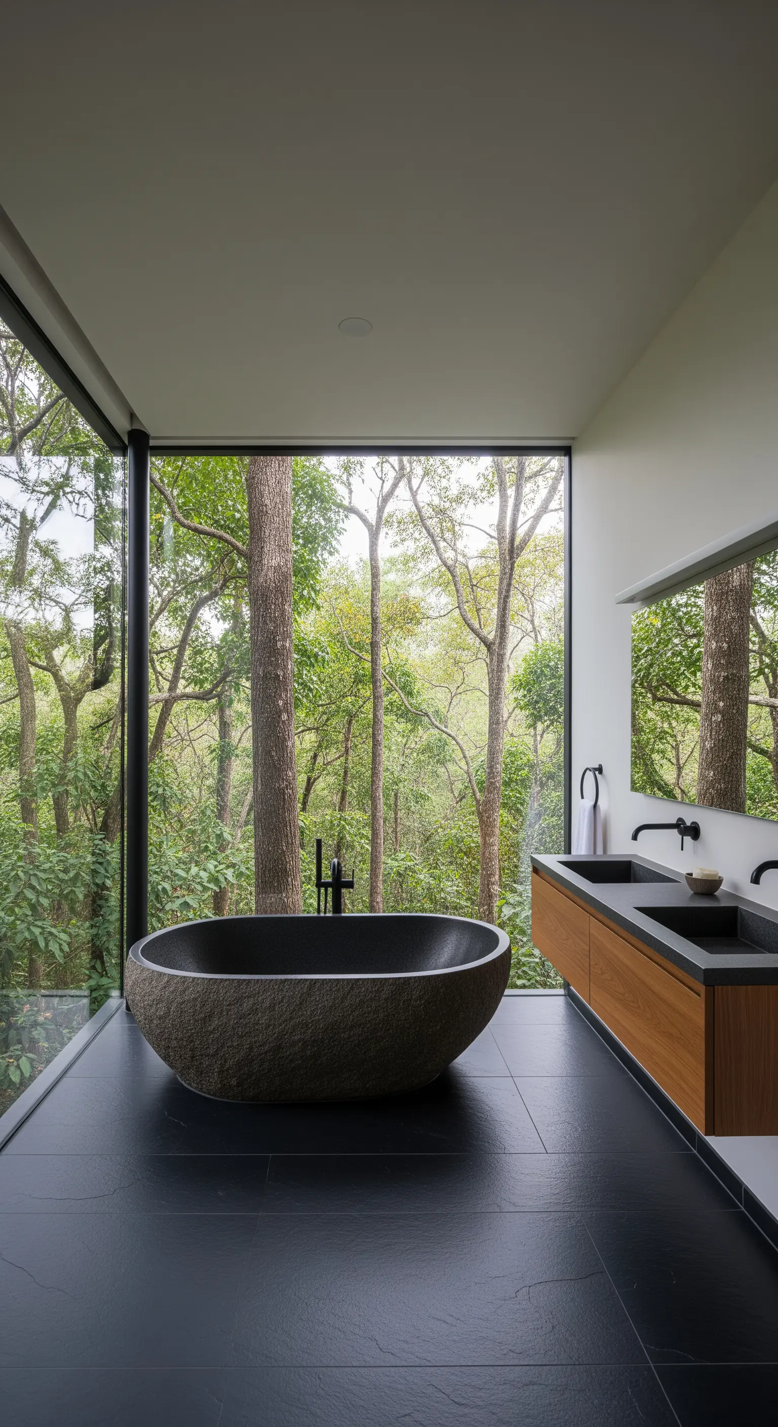 Modernes Badezimmer mit einer massiven Steinbadewanne vor einer raumhohen Glaswand mit Waldblick