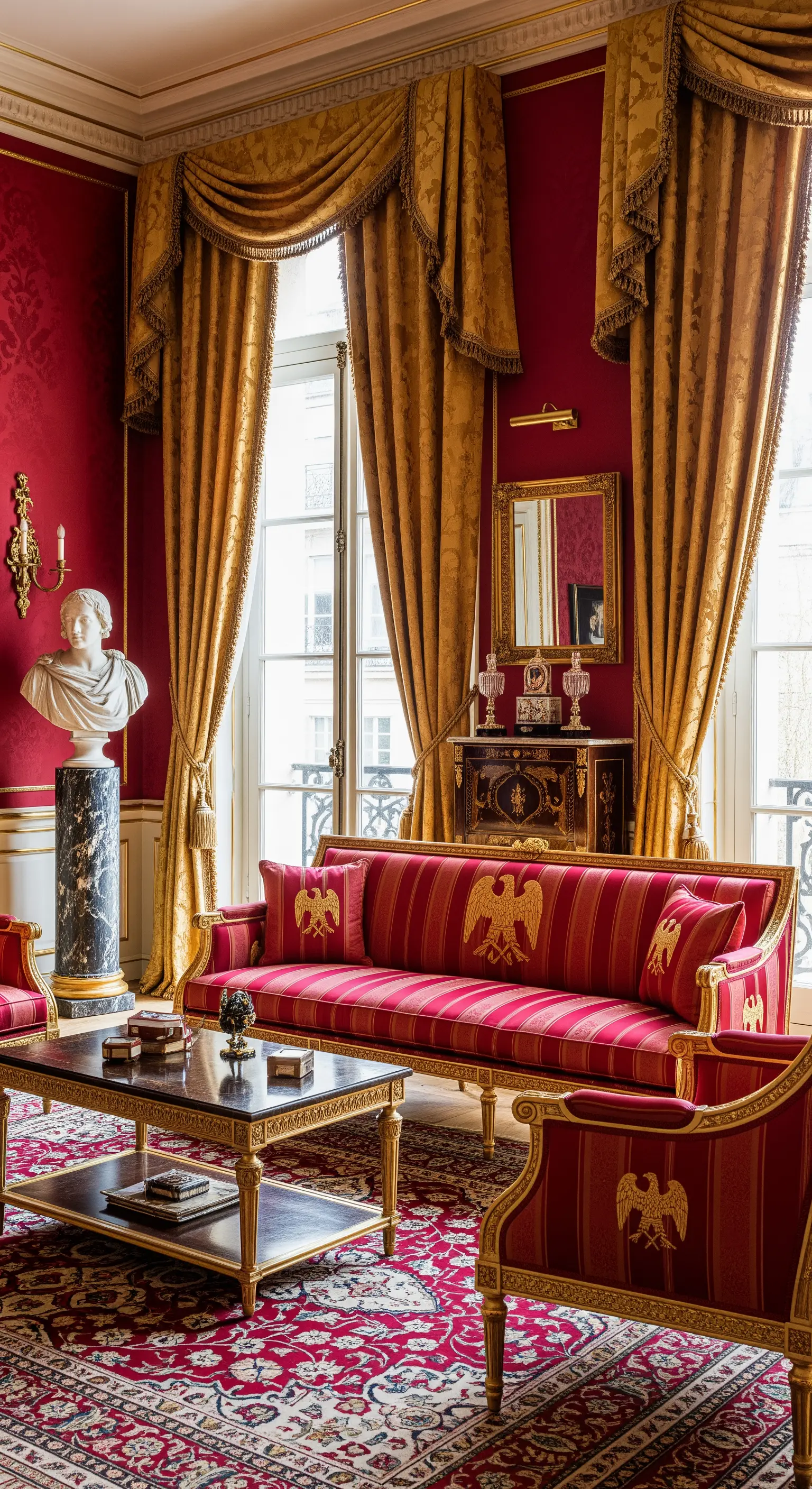 Opulentes Wohnzimmer in Rot und Gold mit schweren Vorhängen und Möbeln im Empire-Stil.