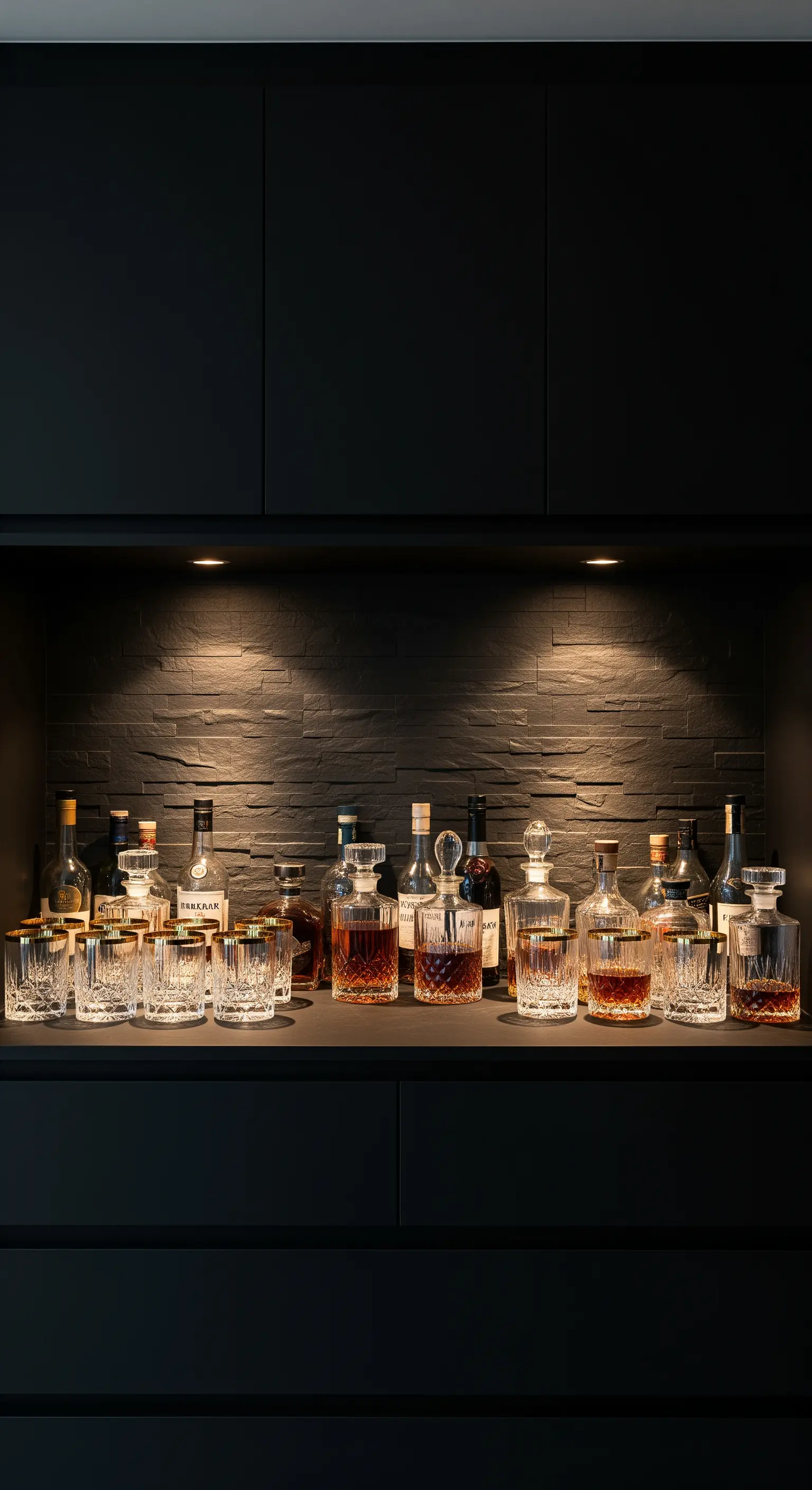 Beleuchtete Hausbar mit eleganten Gläsern und Flaschen auf dunklem Regal vor Steinwand
