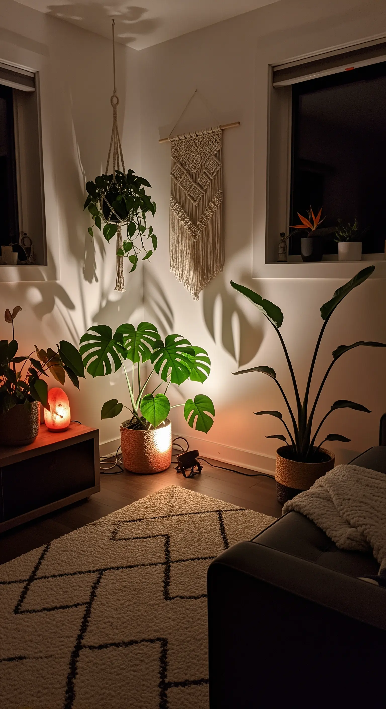 Mehrere Zimmerpflanzen werden von unten angestrahlt und werfen große Schatten an die weiße Wand.