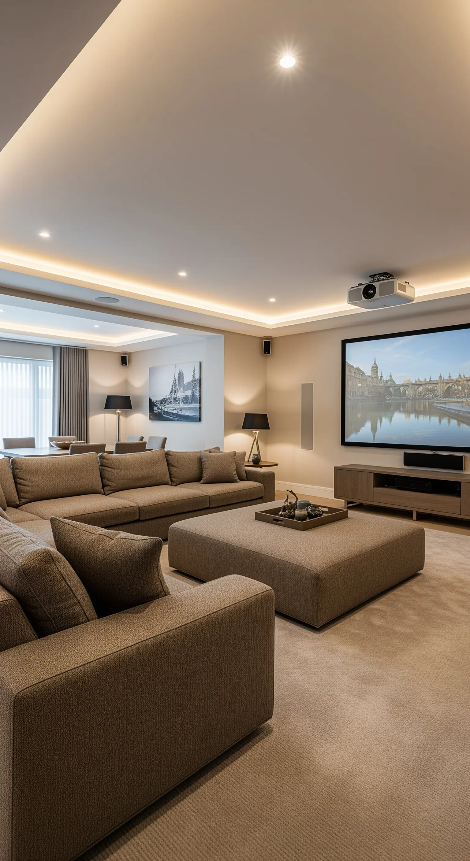 Heimkino-Wohnzimmer mit großer Leinwand, bequemer Sofalandschaft und indirekter Deckenbeleuchtung.