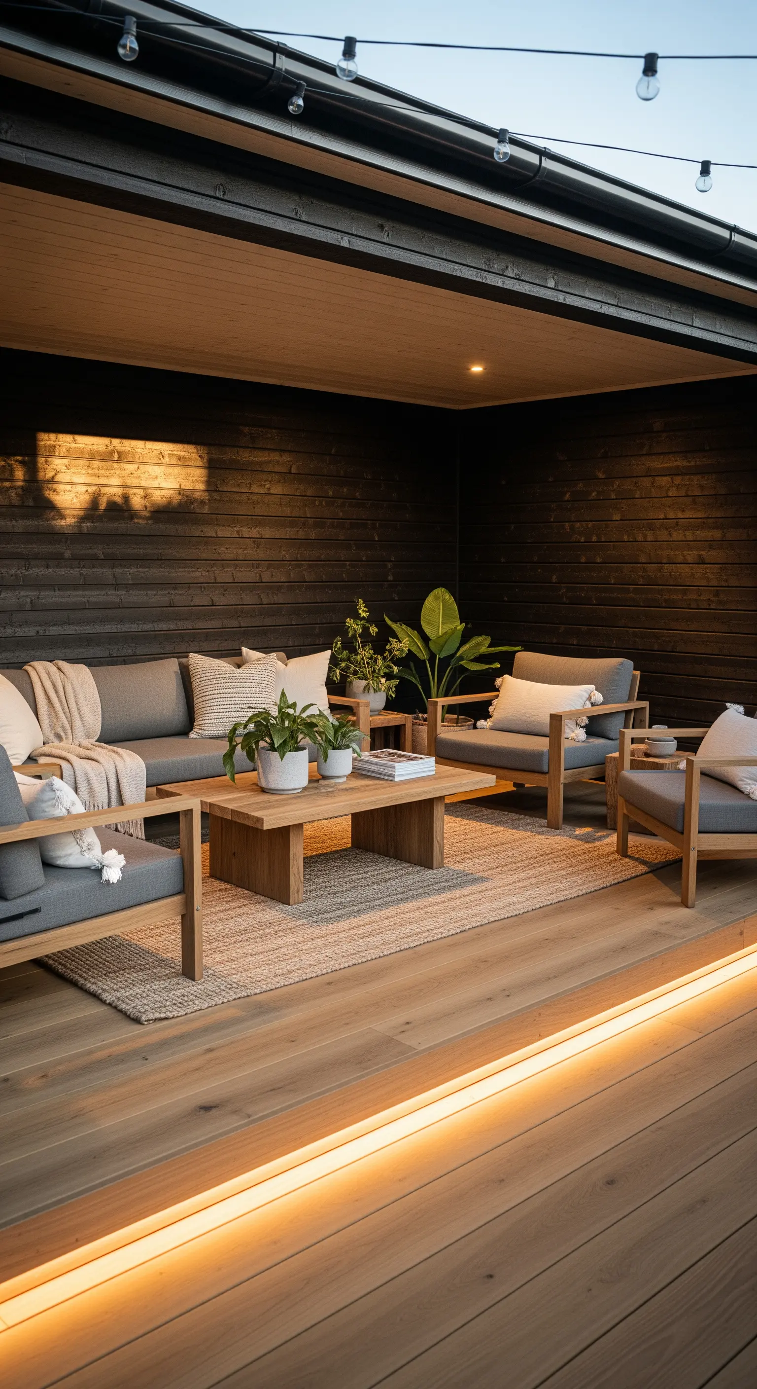Japandi Outdoor-Lounge mit indirekter LED-Beleuchtung und Lichterkette