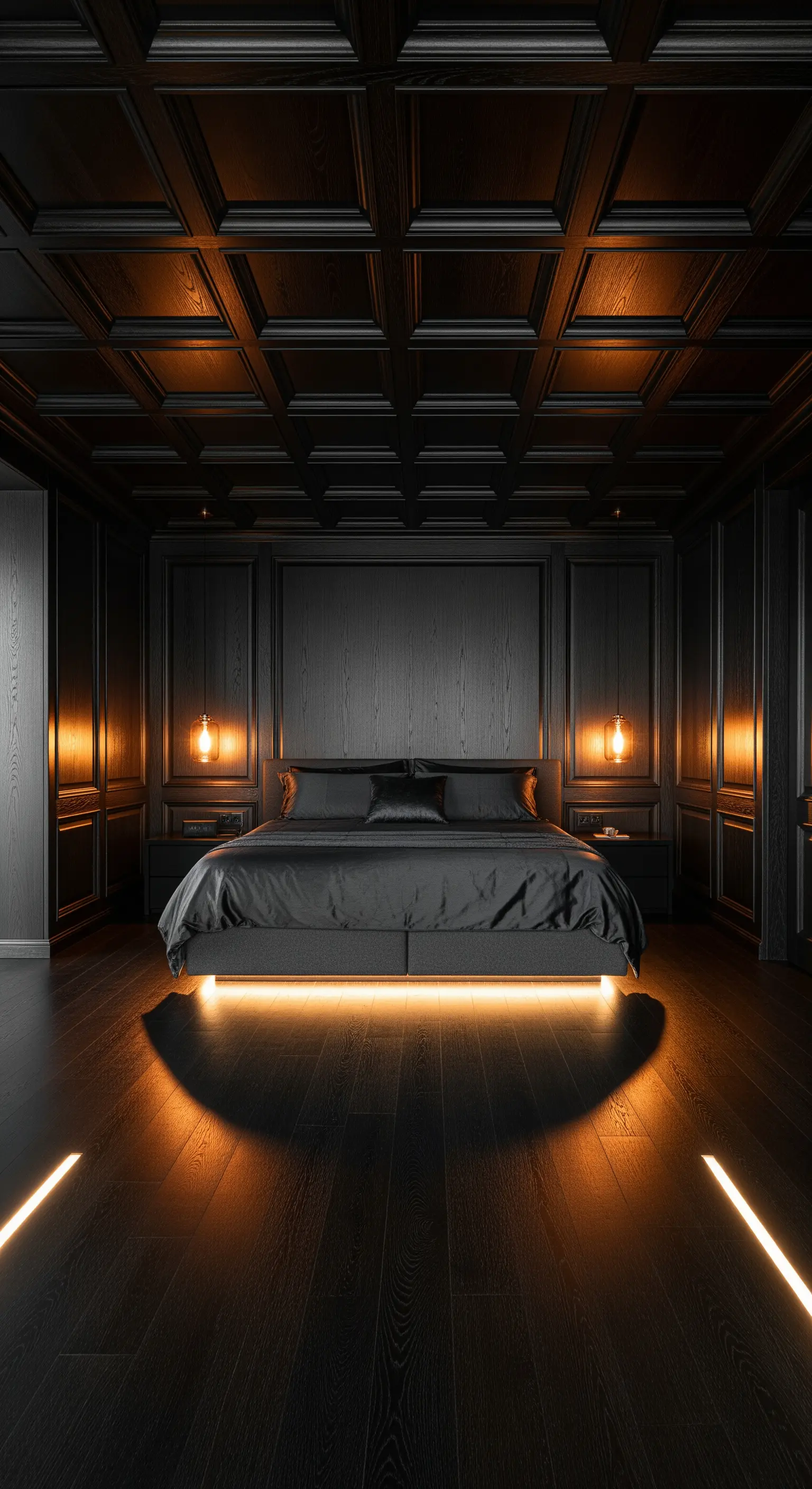 Indirekte Beleuchtung, dunkle Holzdecke, Unterbettbeleuchtung