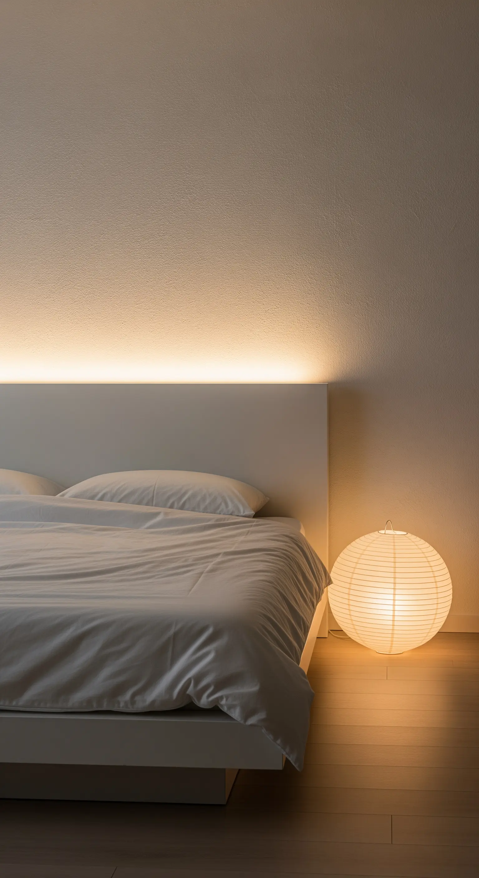 Indirekte LED-Beleuchtung hinter einem Bettkopfteil und eine Papier-Bodenleuchte.