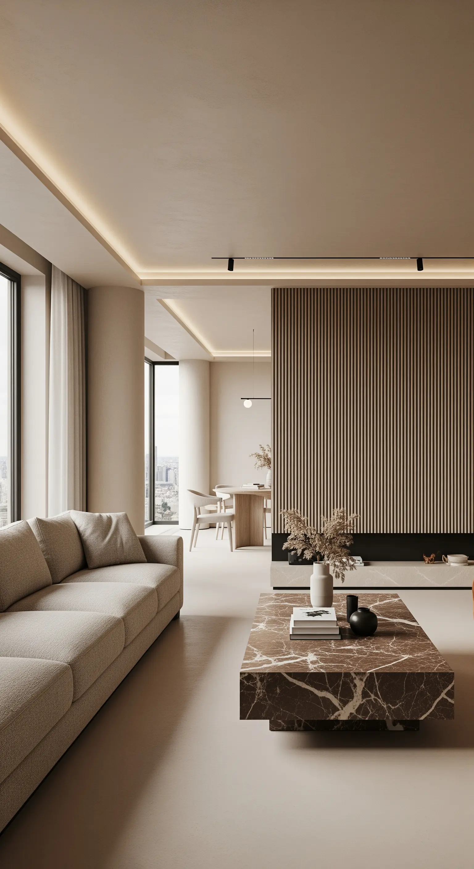 Modernes Wohnzimmer mit Holzlamellenwand, Marmortisch und indirekter Beleuchtung.