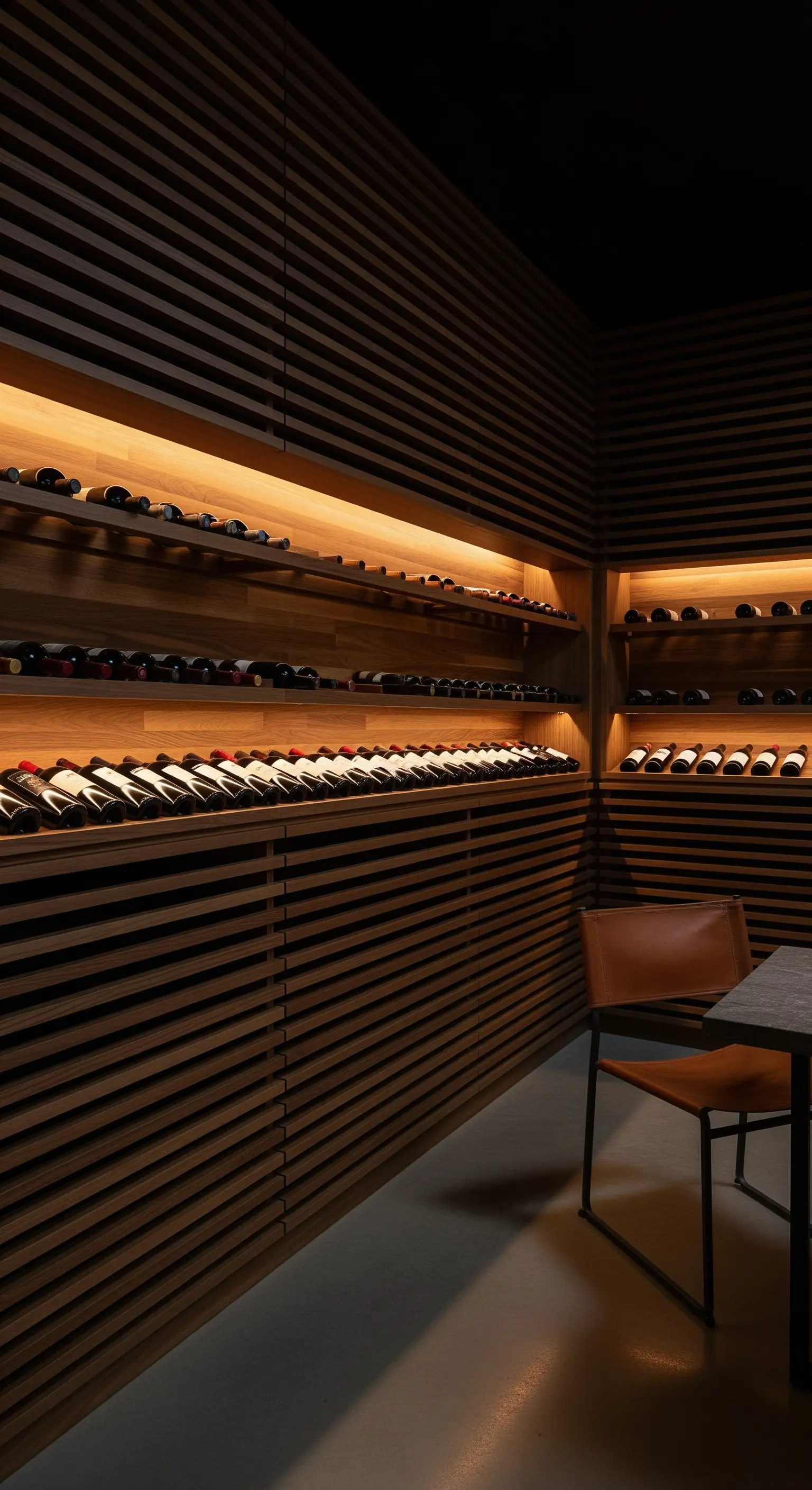 Moderner Weinkeller mit Holzlamellen und beleuchteten Regalen.