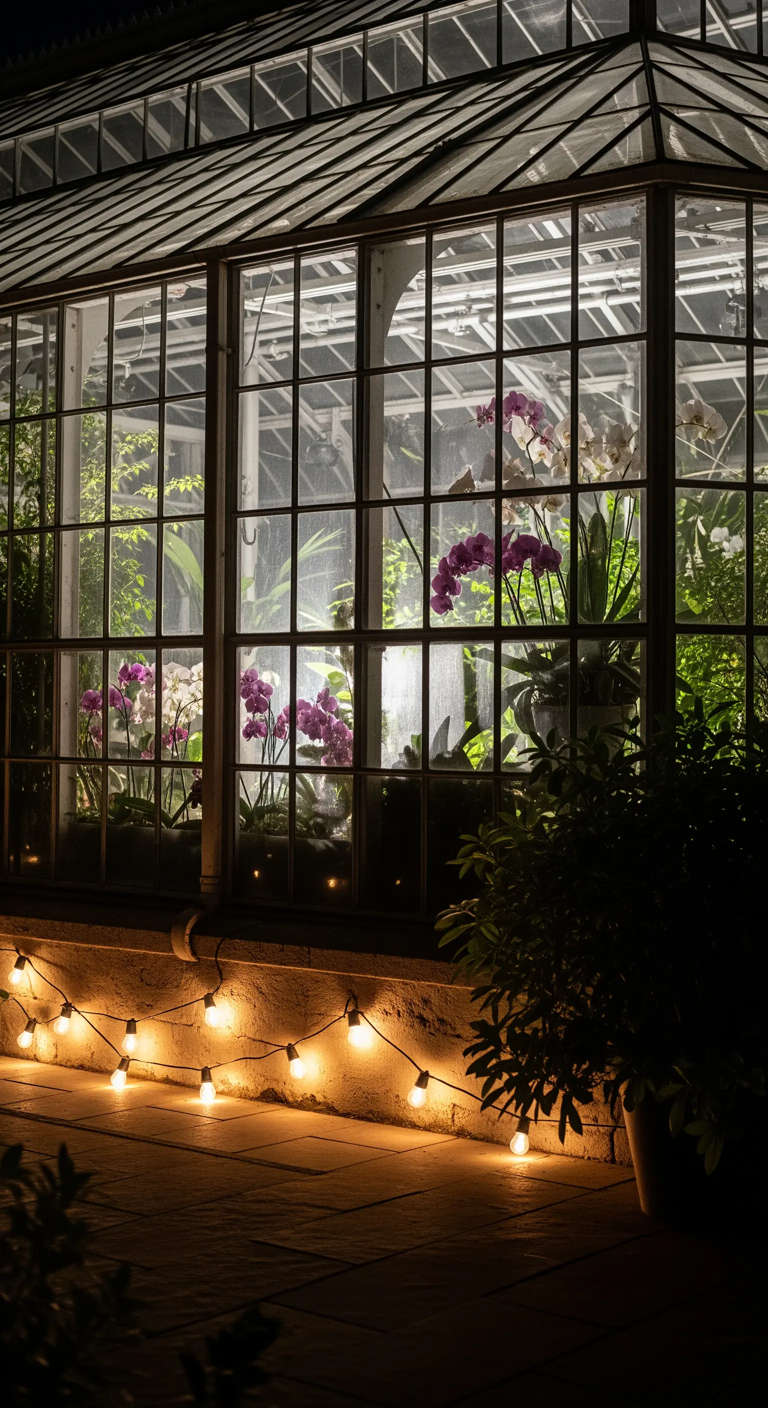 Ein Gewächshaus bei Nacht, dessen Fundament von einer am Boden liegenden Lichterkette angestrahlt wird.