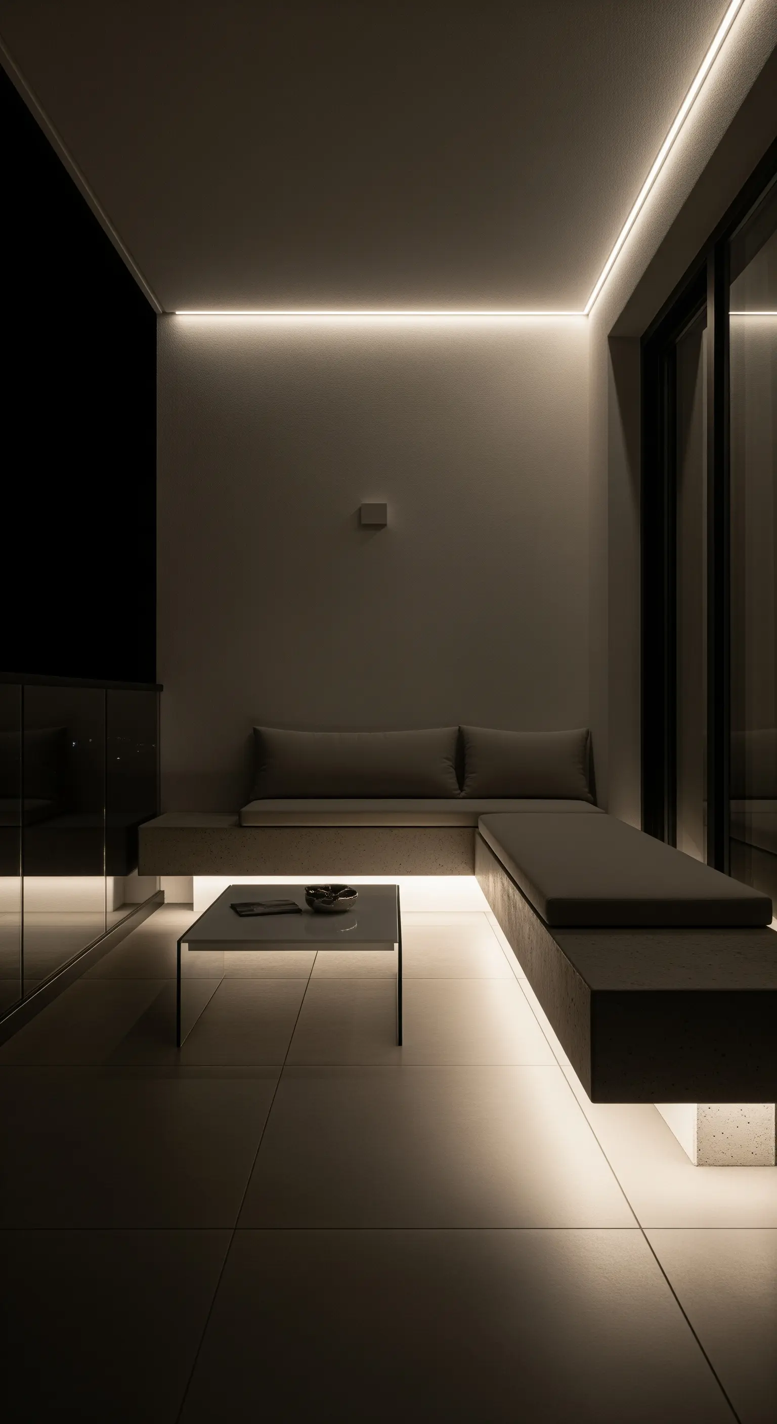 Moderner Balkon bei Nacht mit LED-Beleuchtung unter der Bank