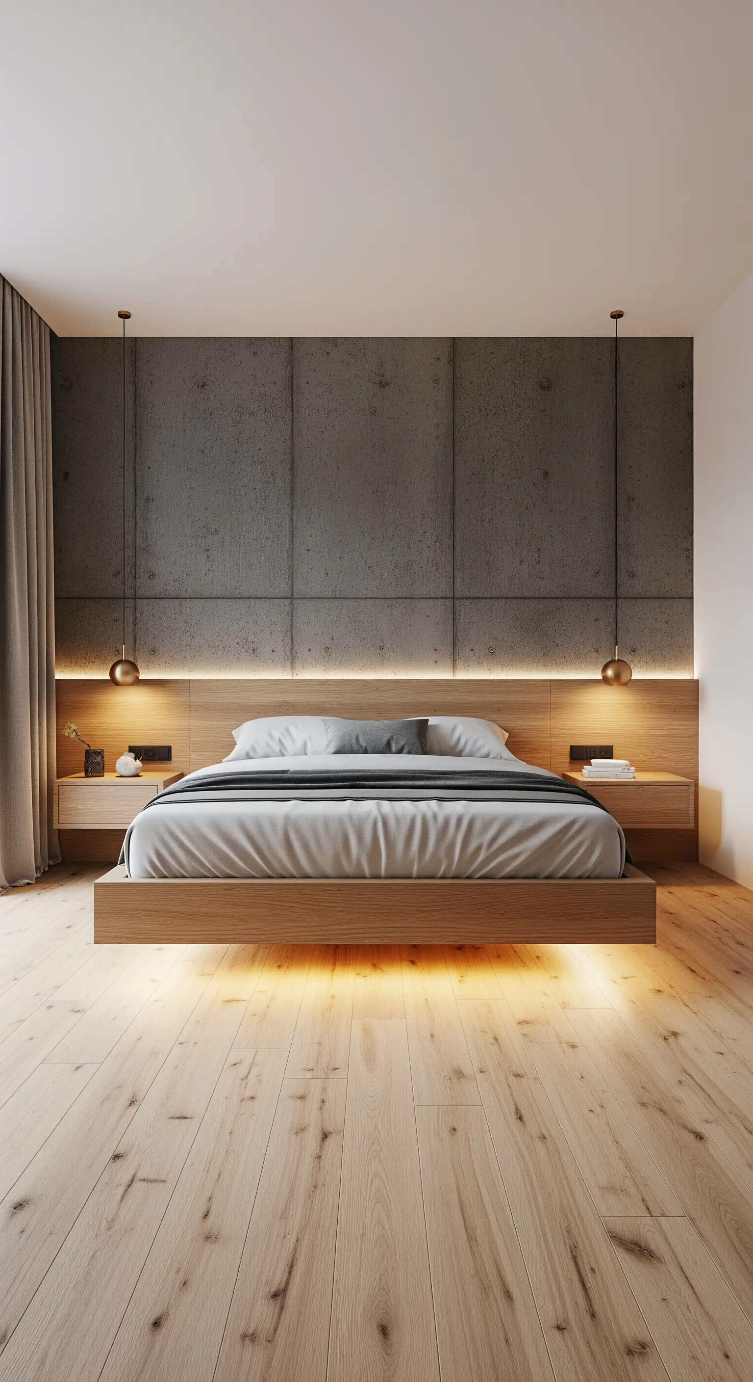 Schlafzimmer mit beleuchtetem Holz-Kopfteil vor einer Betonwand.