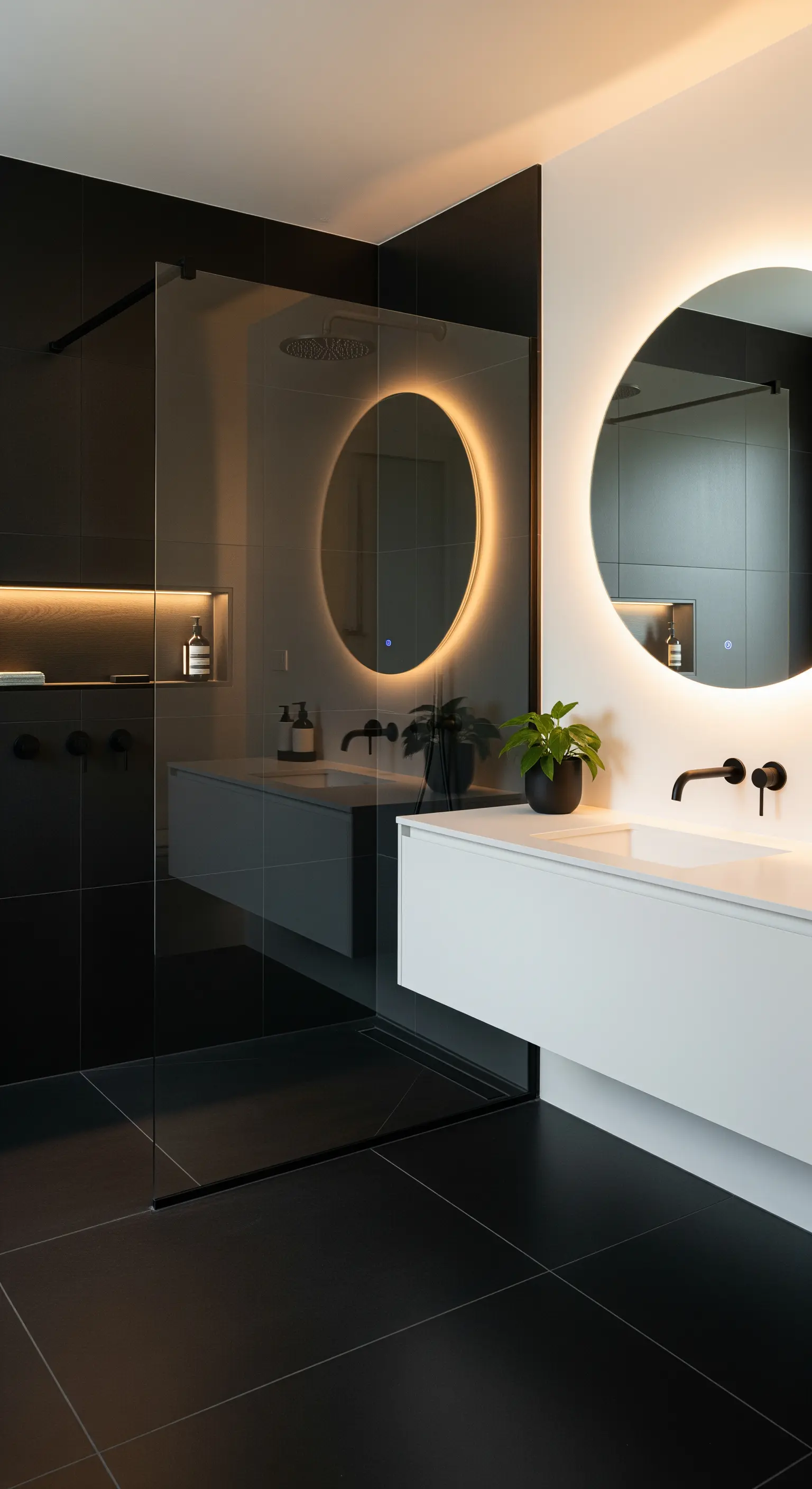 Modernes Badezimmer mit schwarzen Fliesen und einem runden, hinterleuchteten Spiegel.