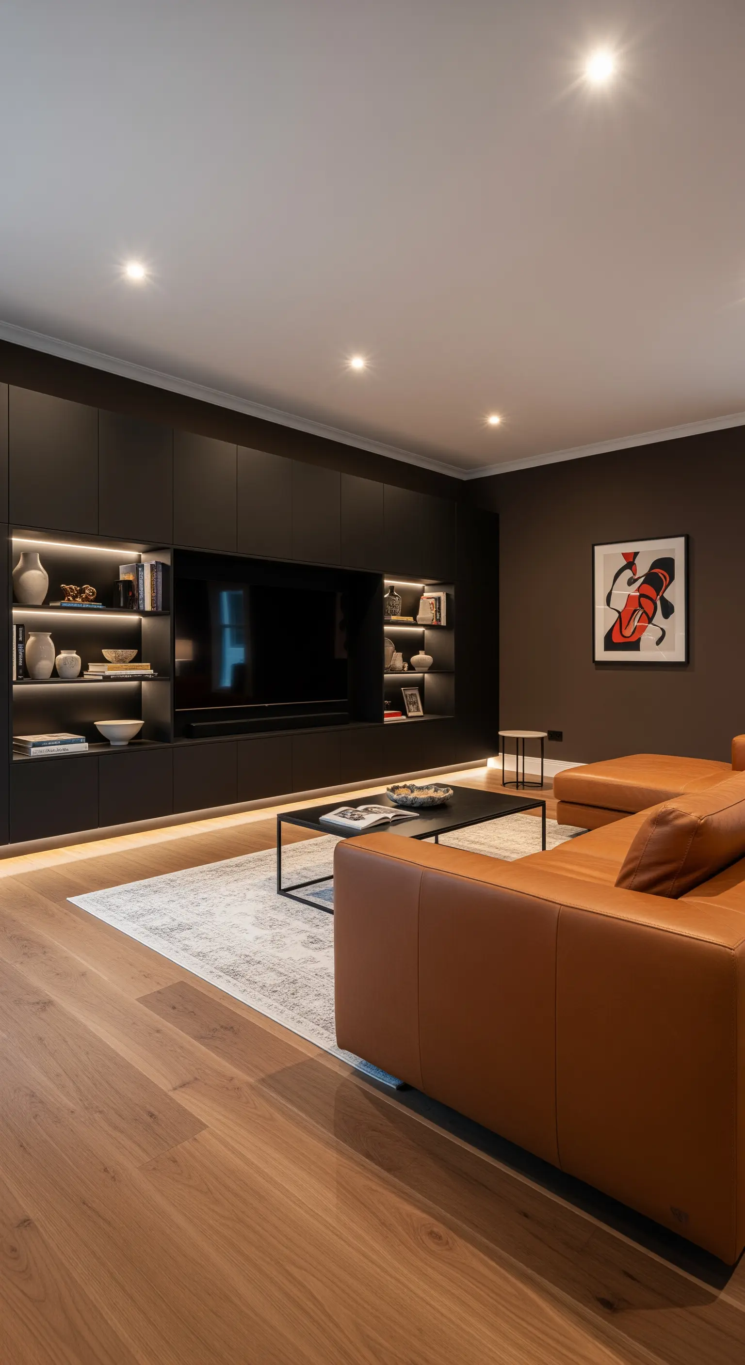 Eine dunkle, maßgefertigte TV-Wand mit hinterleuchteten Regalen und einem cognacfarbenen Ledersofa.
