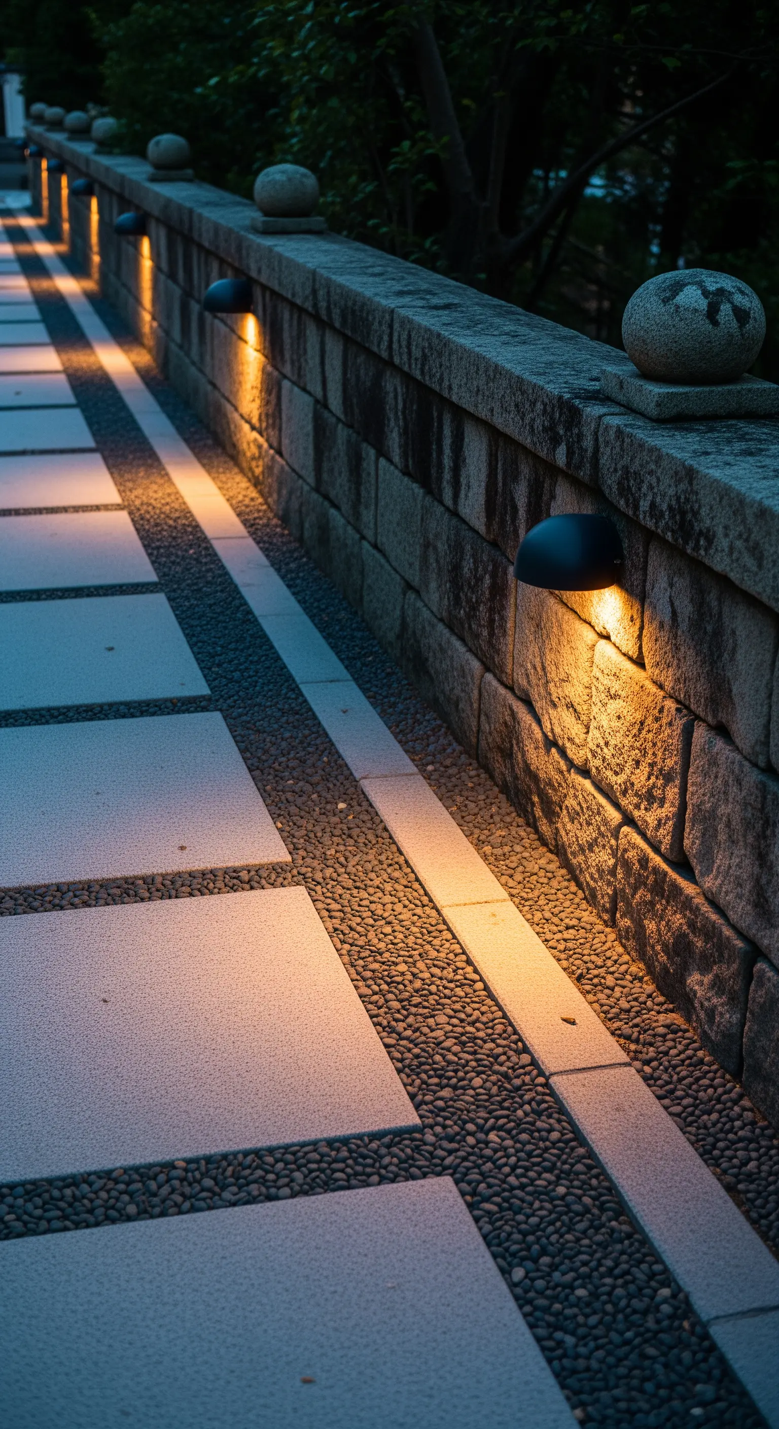 Eine Steinmauer, die von oben nach unten durch kleine Wandleuchten beleuchtet wird und so ein Streiflicht erzeugt.