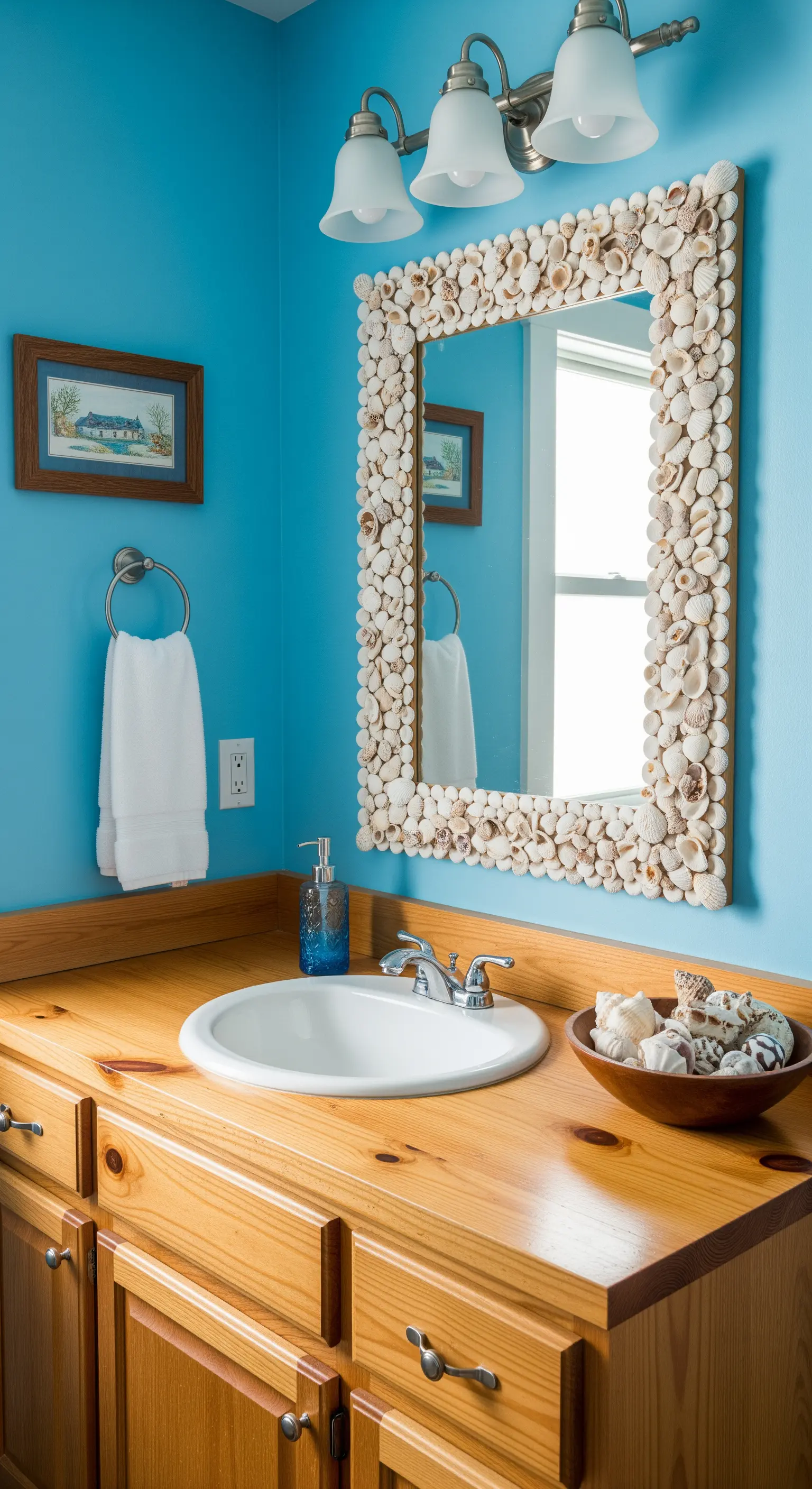 Blaues Badezimmer mit Muschel-Spiegelrahmen, Holzwaschtisch und Segelboot-Deko.
