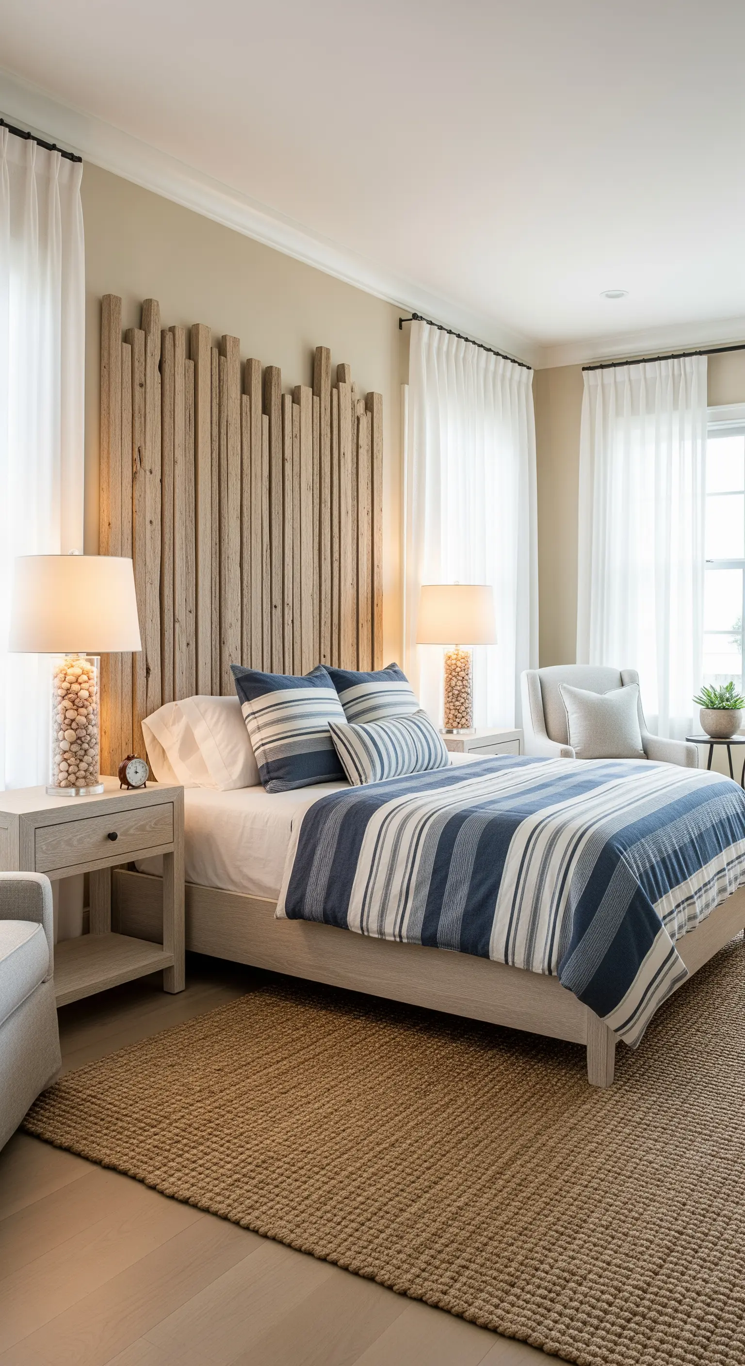 Rustikales Treibholz-Kopfteil im Schlafzimmer mit maritimer Bettwäsche und Muschellampen