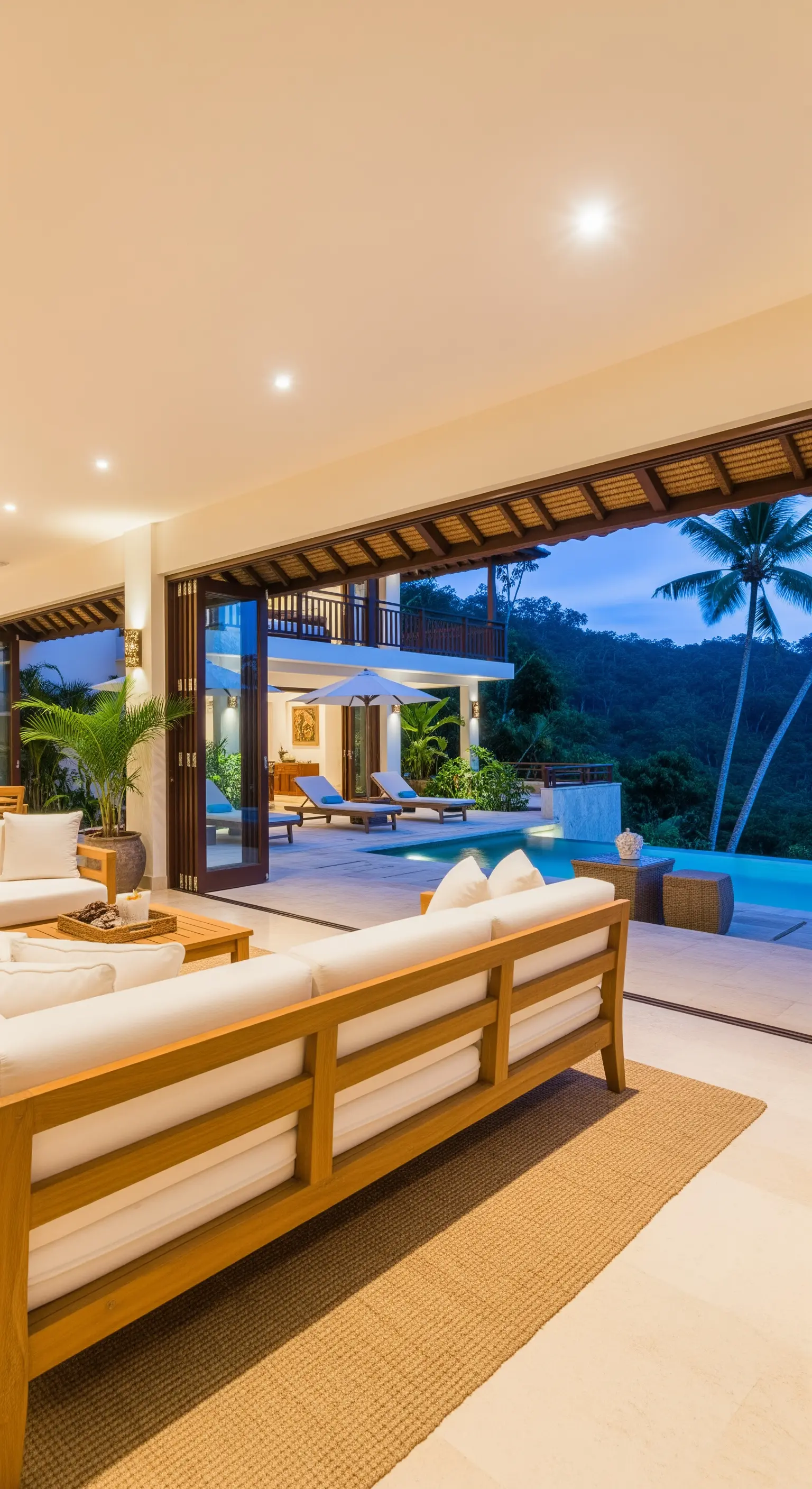 Helles Sofa mit Holzrahmen in einem offenen Wohnzimmer mit Blick auf eine Poolterrasse und den Dschungel.