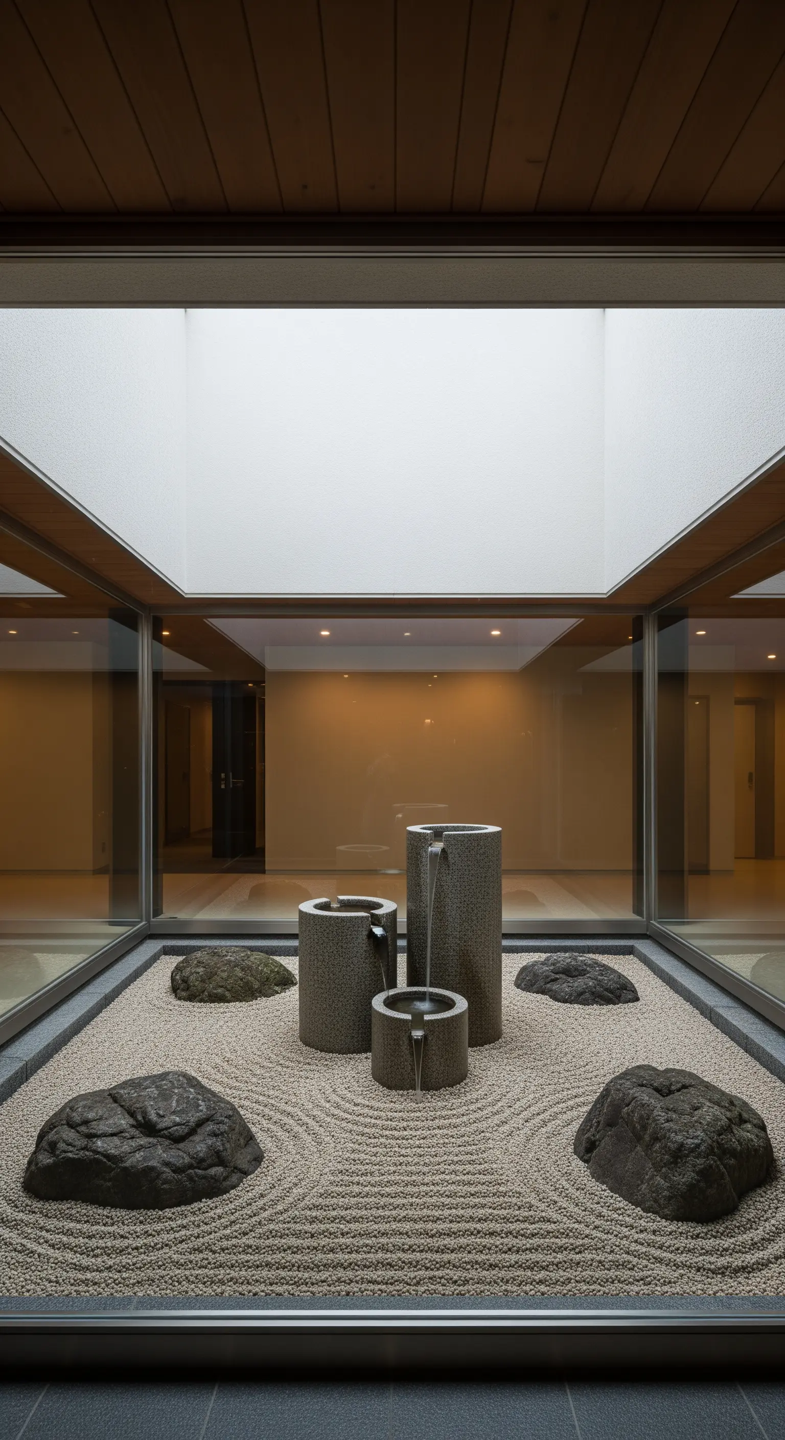 Indoor Zen-Garten mit drei Brunnen, Sand und großen Steinen unter Oberlicht