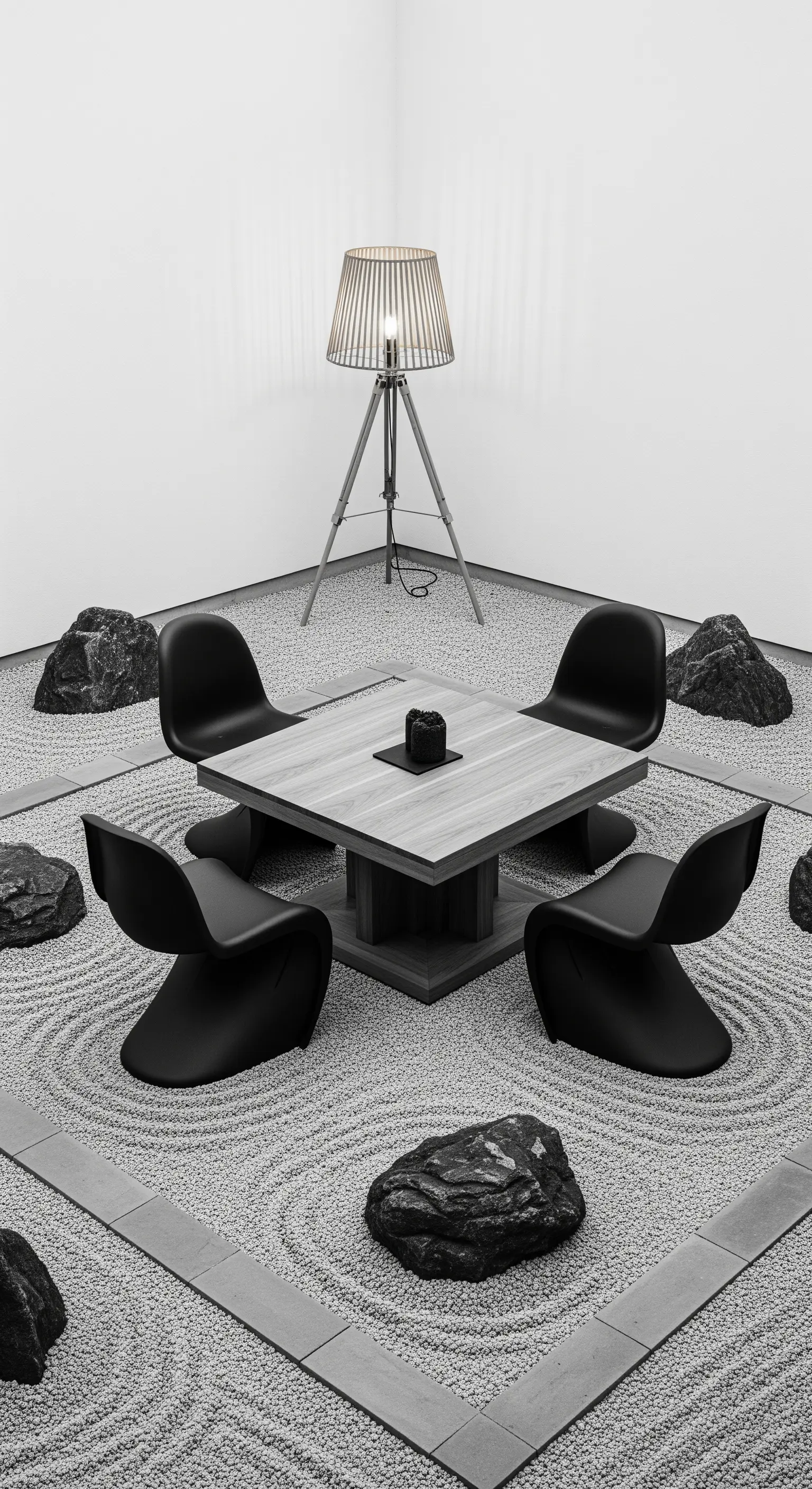 Indoor Zen-Garten mit quadratischem Tisch, schwarzen Stühlen und Stehleuchte