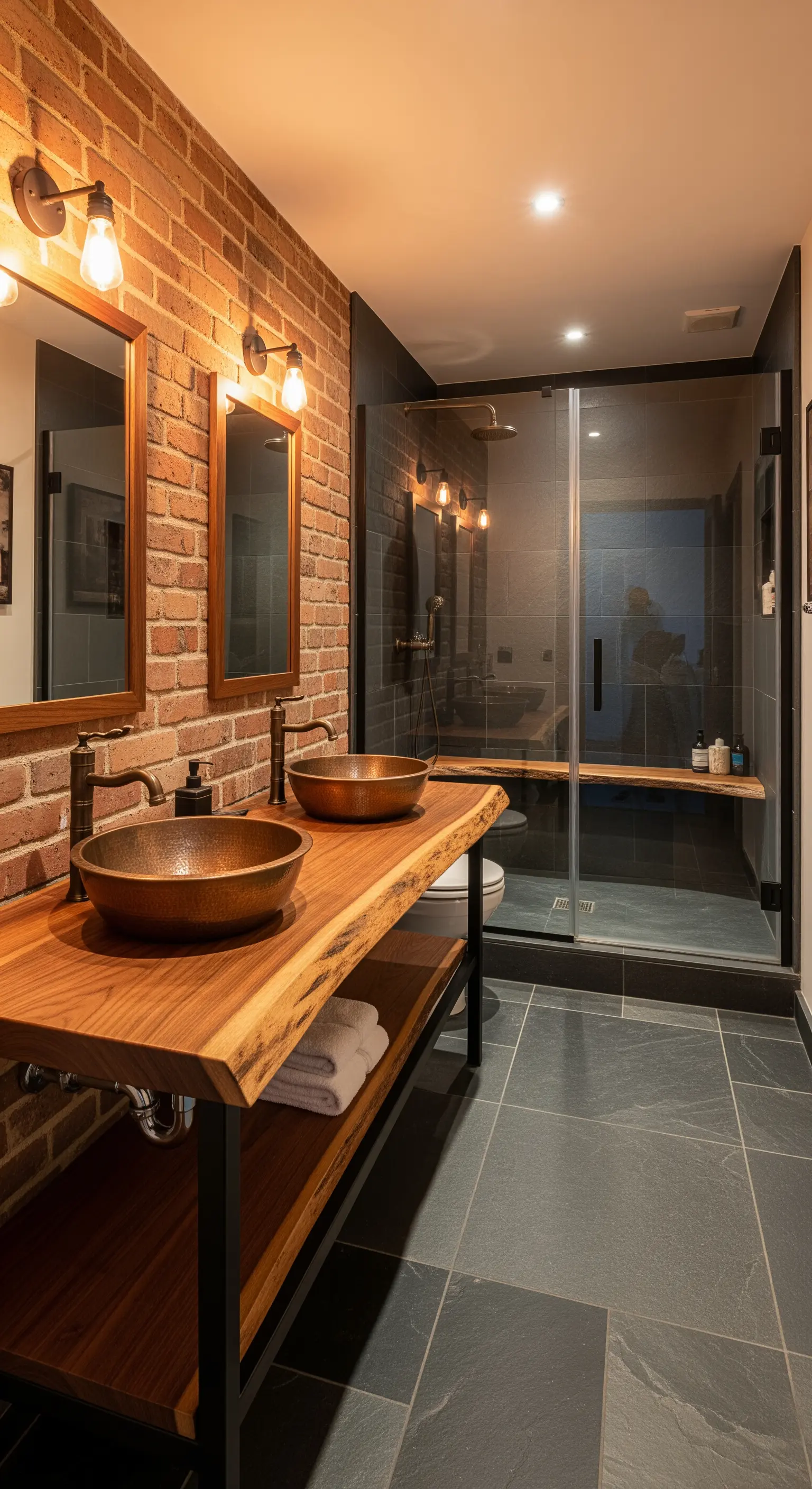 Badezimmer im Industrie-Stil mit Backsteinwand, Holztisch und Kupferwaschbecken.